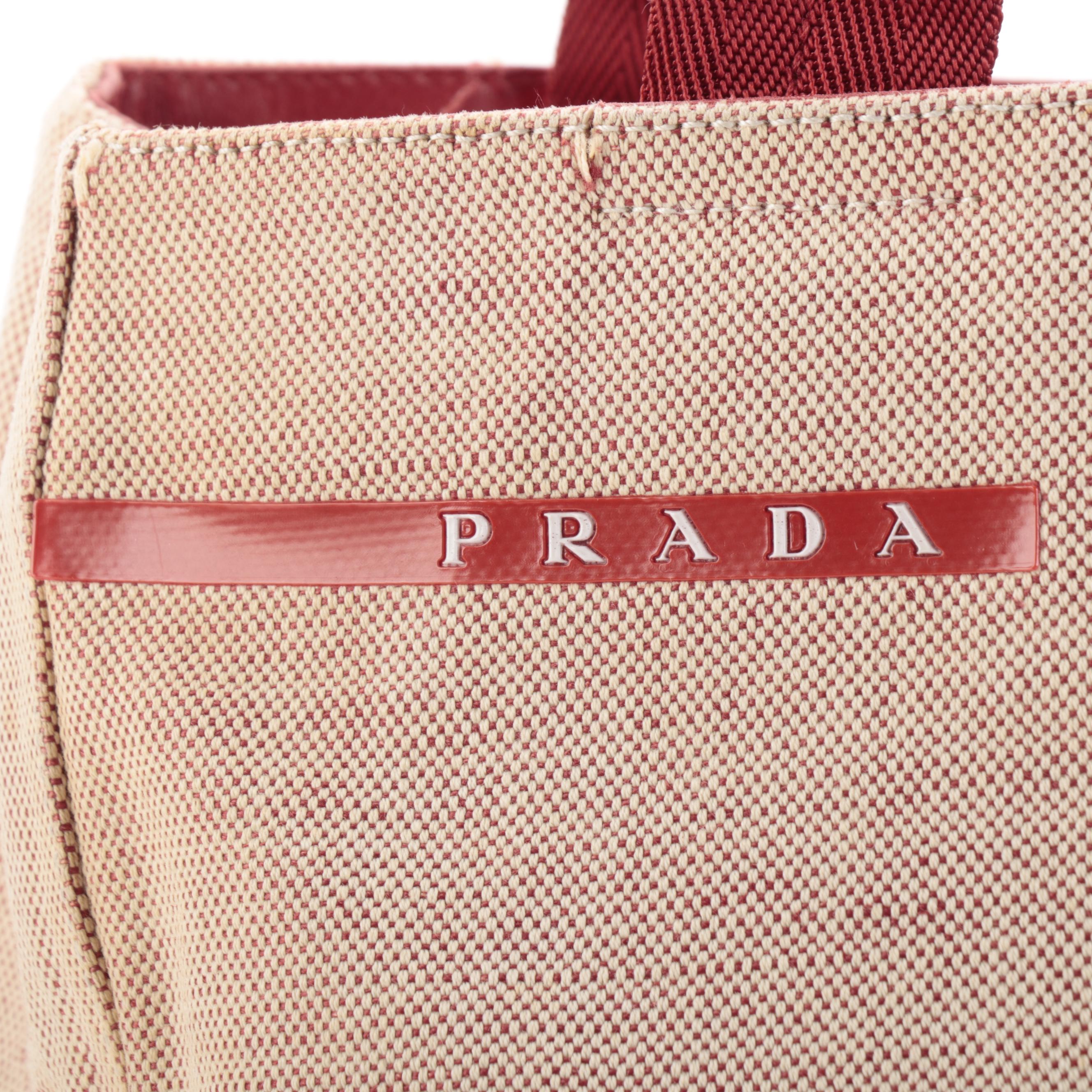 Prada Canapa Sport Tote in Canvas with Red Web