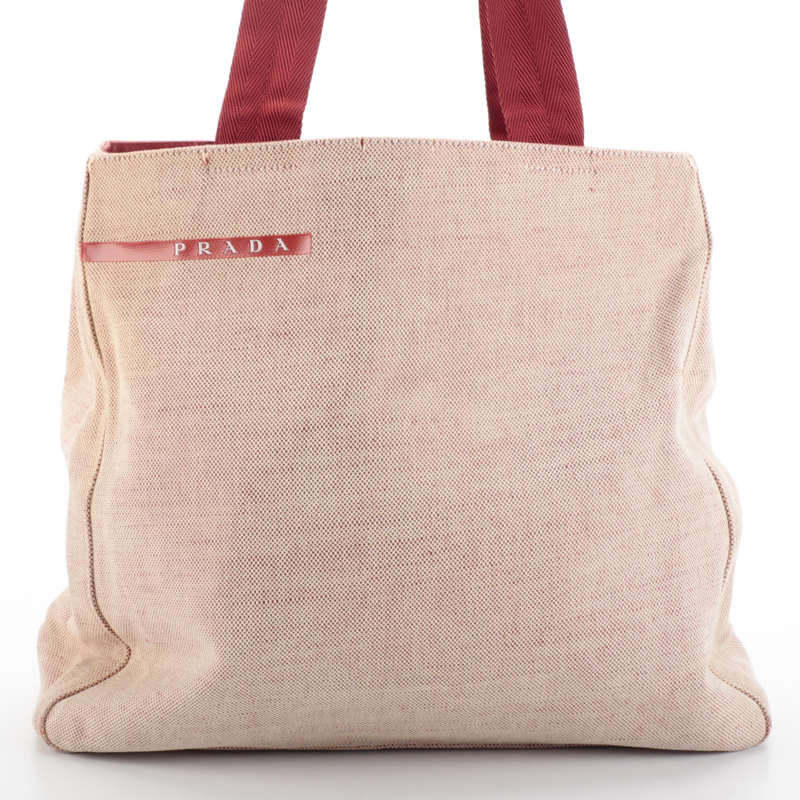 Prada Canapa Sport Tote in Canvas with Red Web