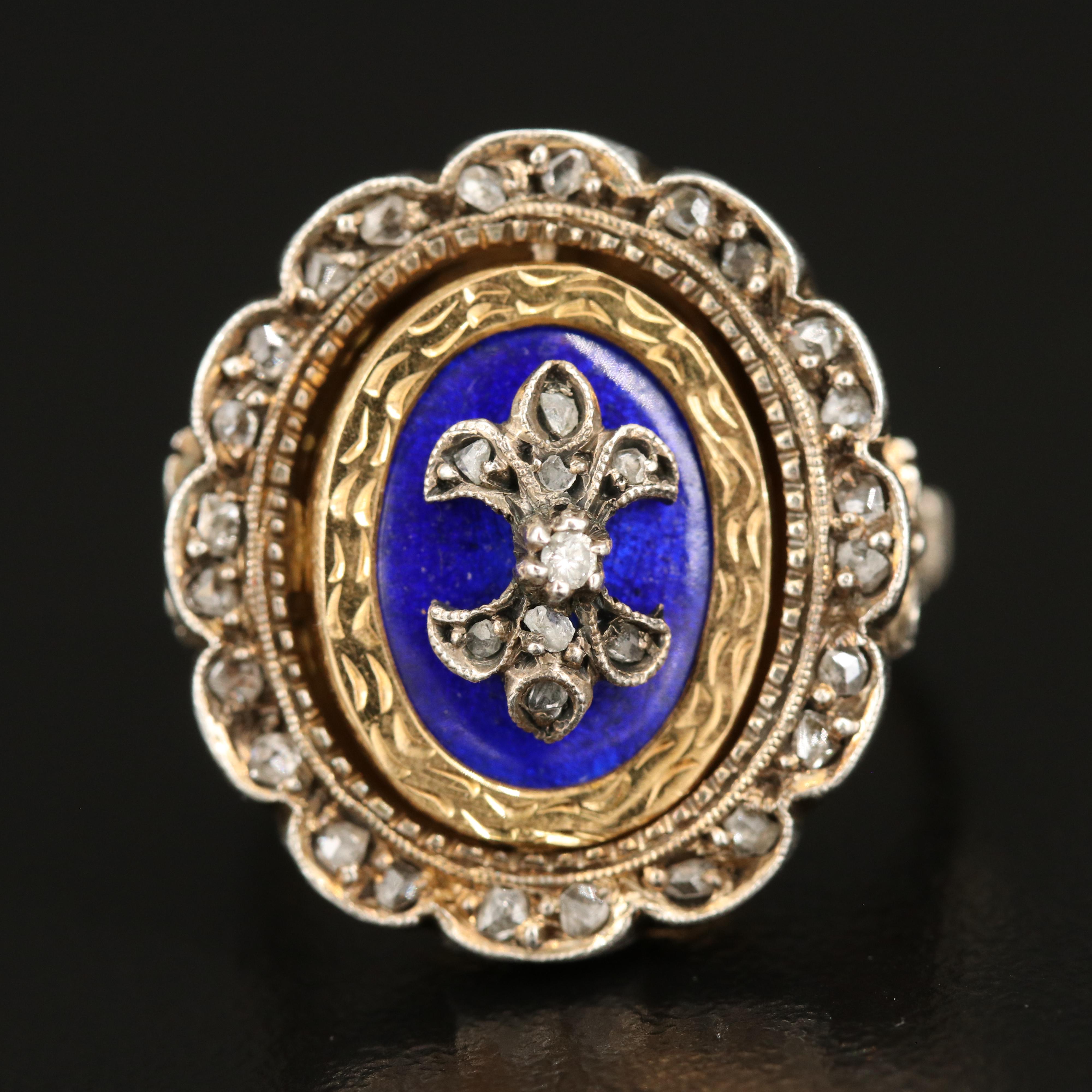 Vintage Portuguese 19K Diamond and Enamel Flip Ring with 900 Silver Accents