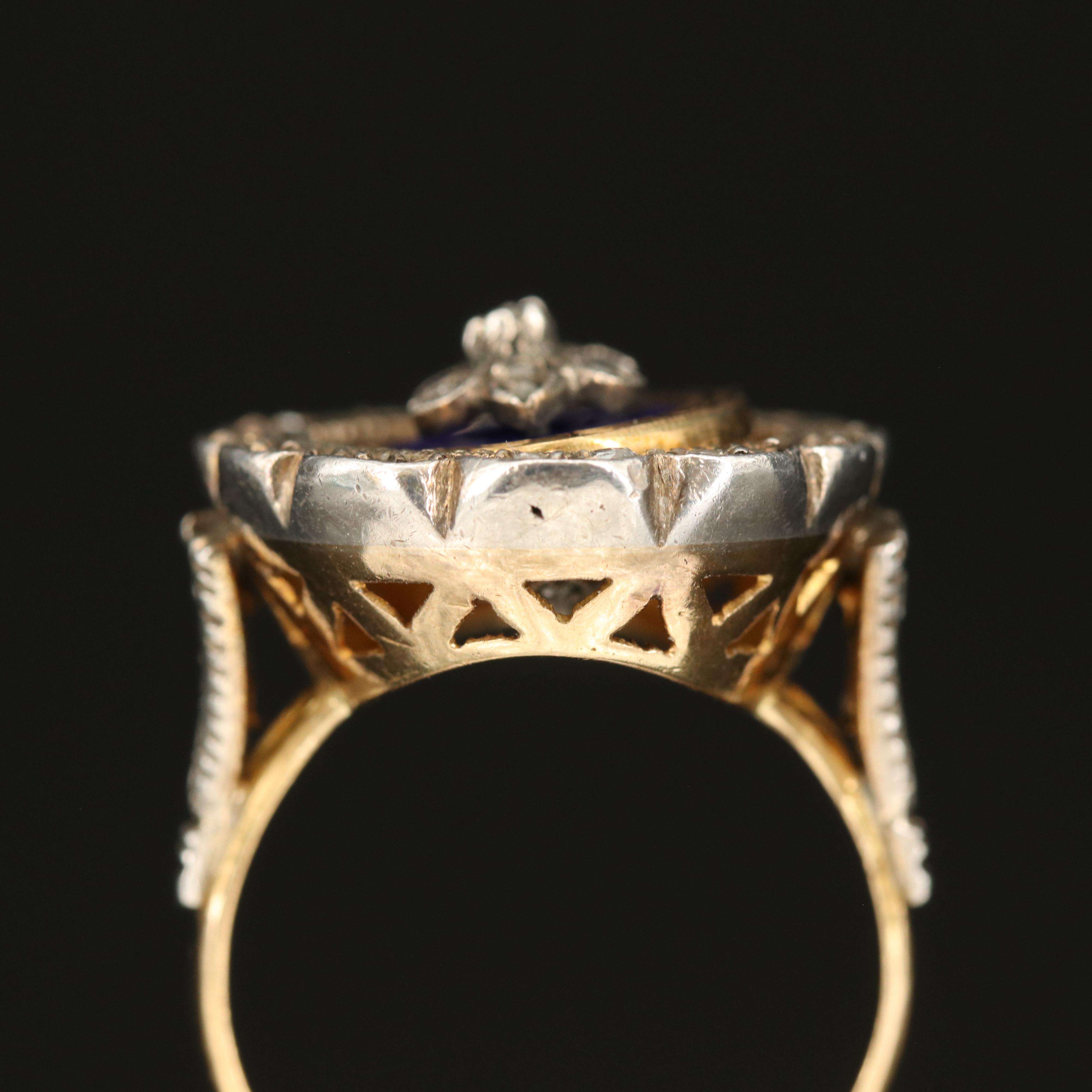 Vintage Portuguese 19K Diamond and Enamel Flip Ring with 900 Silver Accents
