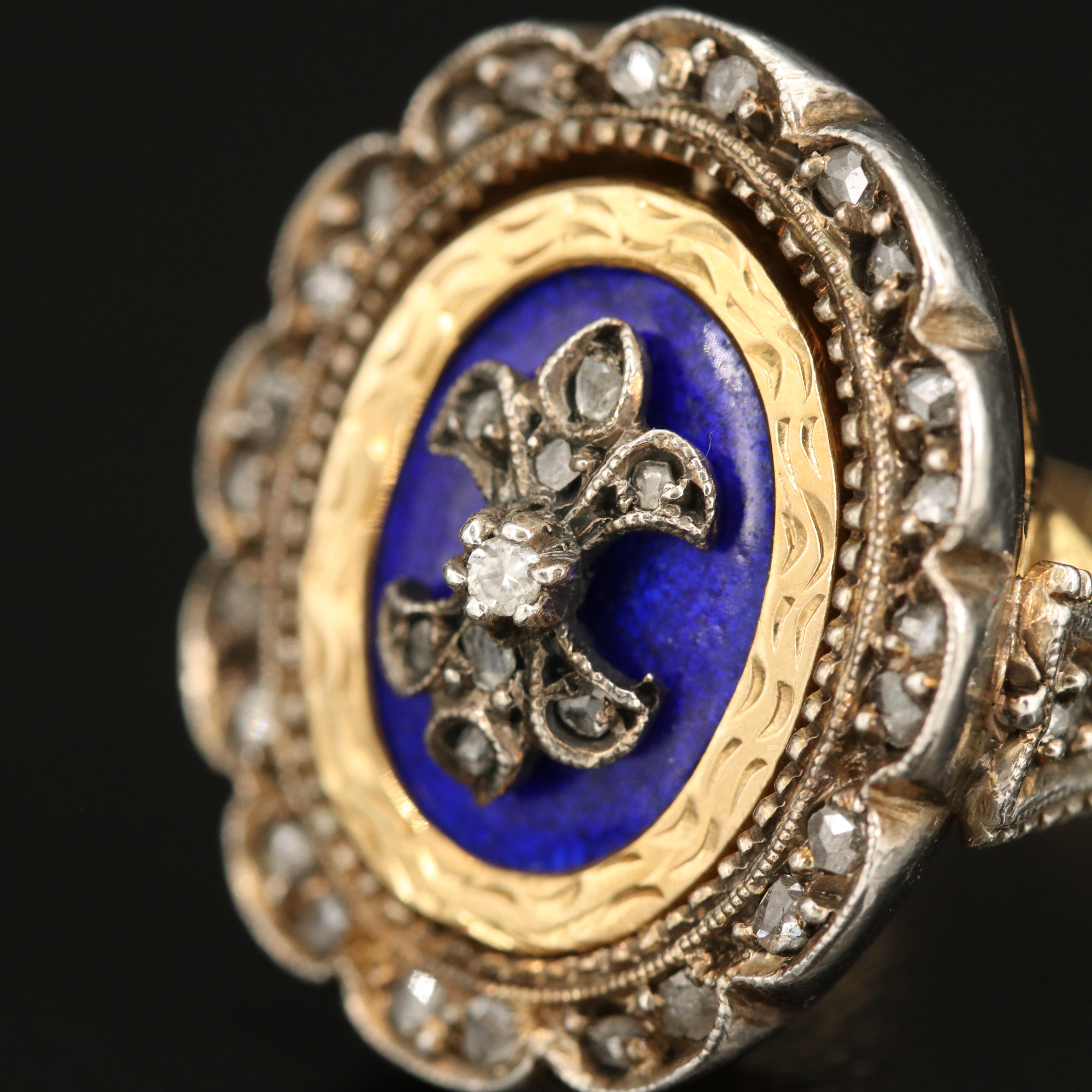 Vintage Portuguese 19K Diamond and Enamel Flip Ring with 900 Silver Accents