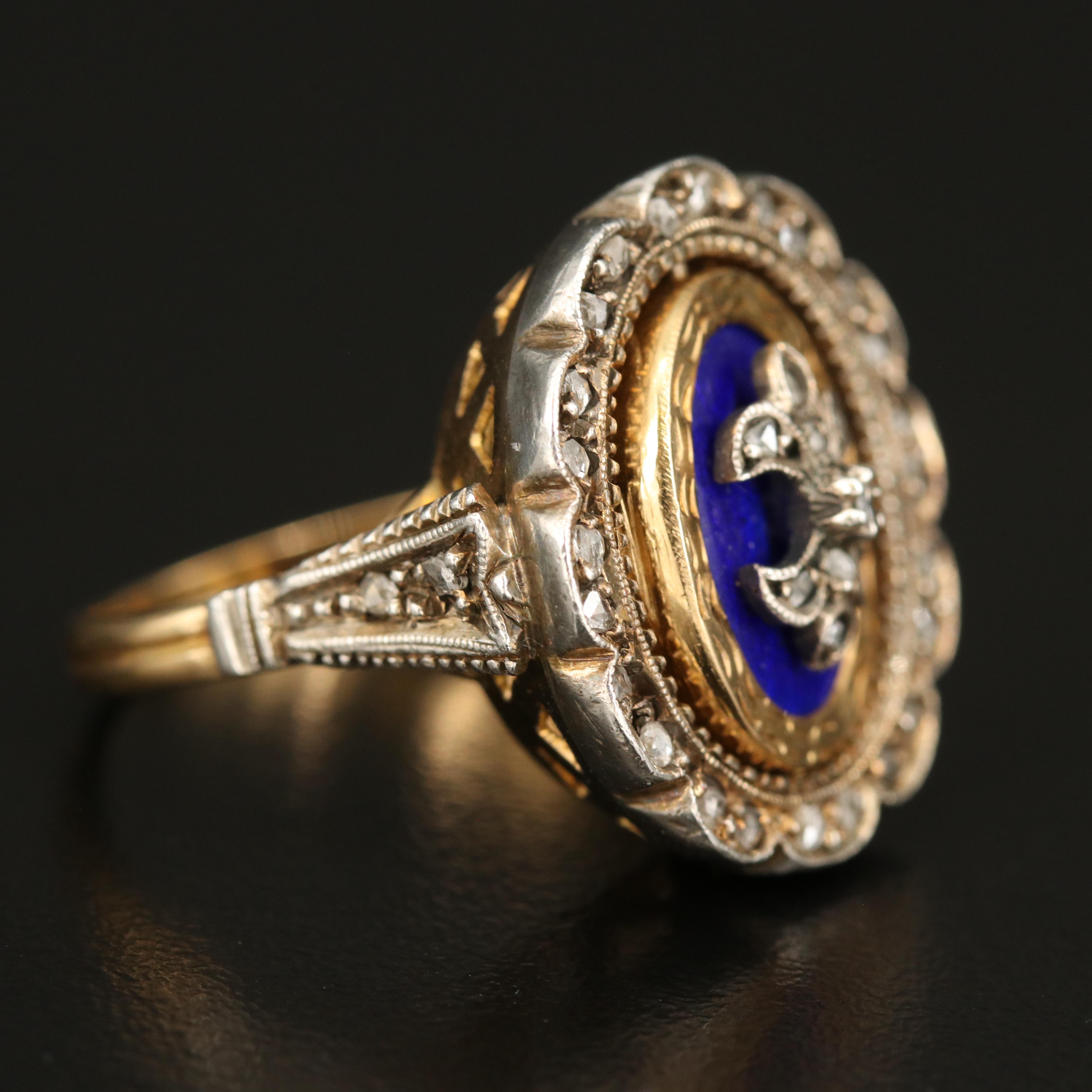 Vintage Portuguese 19K Diamond and Enamel Flip Ring with 900 Silver Accents