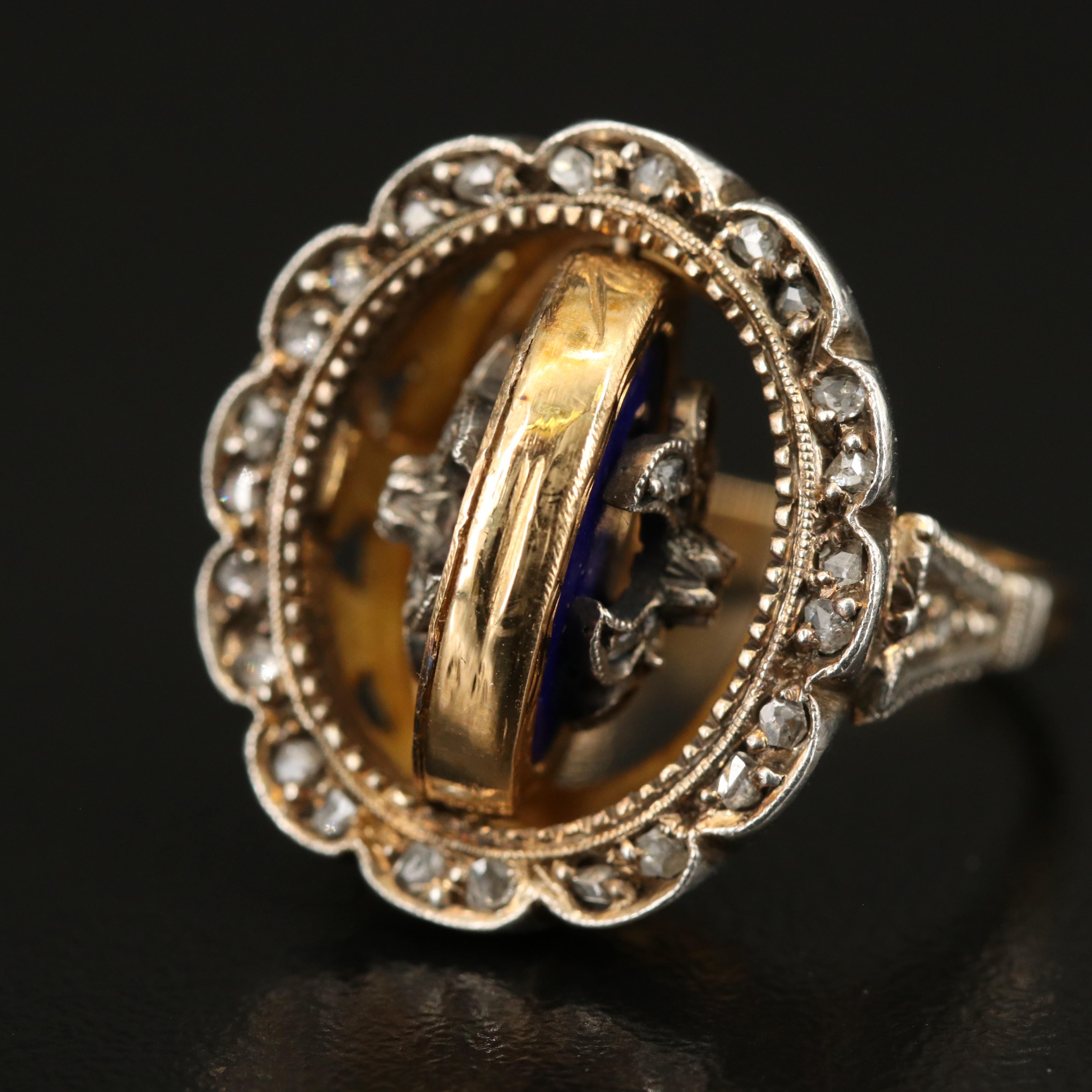 Vintage Portuguese 19K Diamond and Enamel Flip Ring with 900 Silver Accents