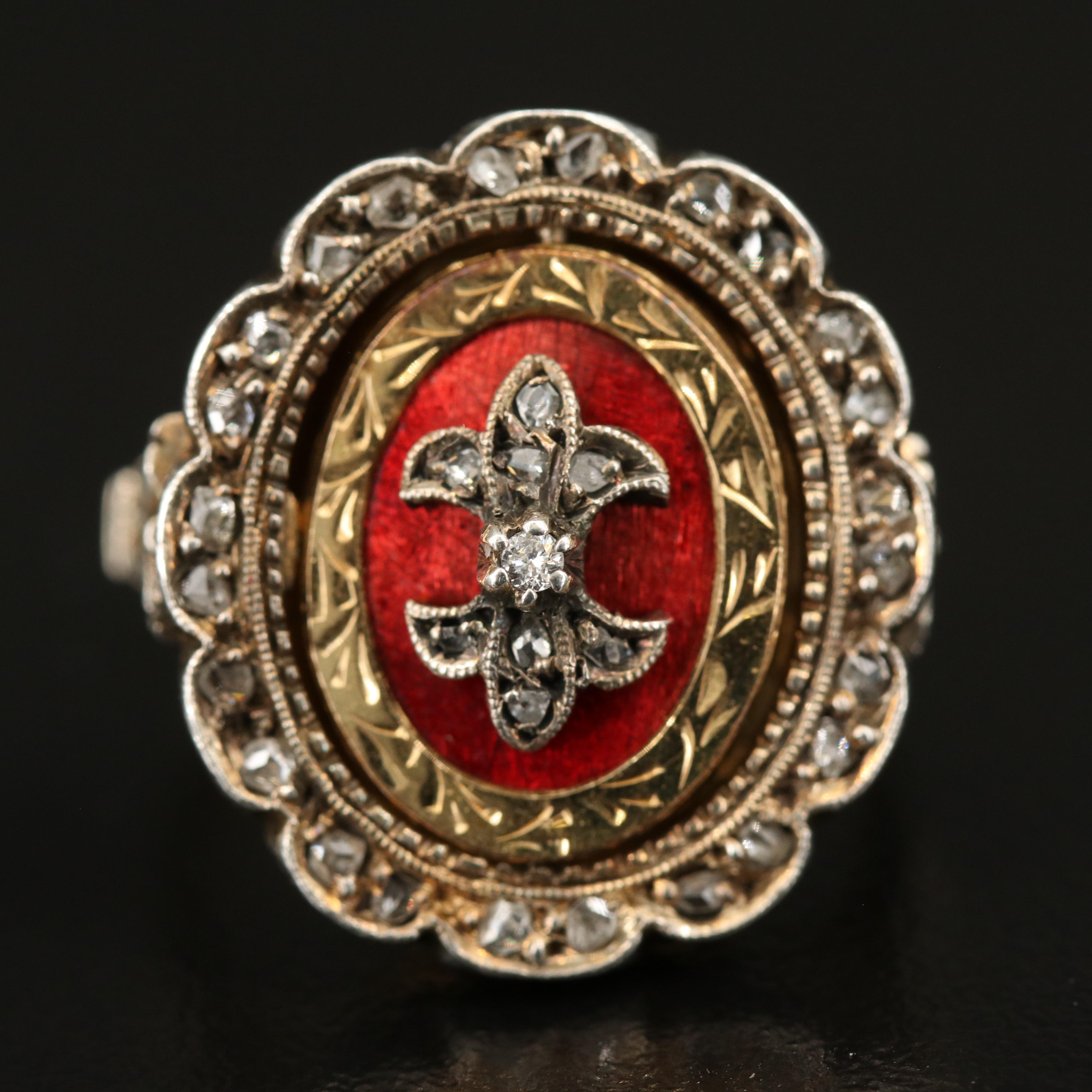 Vintage Portuguese 19K Diamond and Enamel Flip Ring with 900 Silver Accents