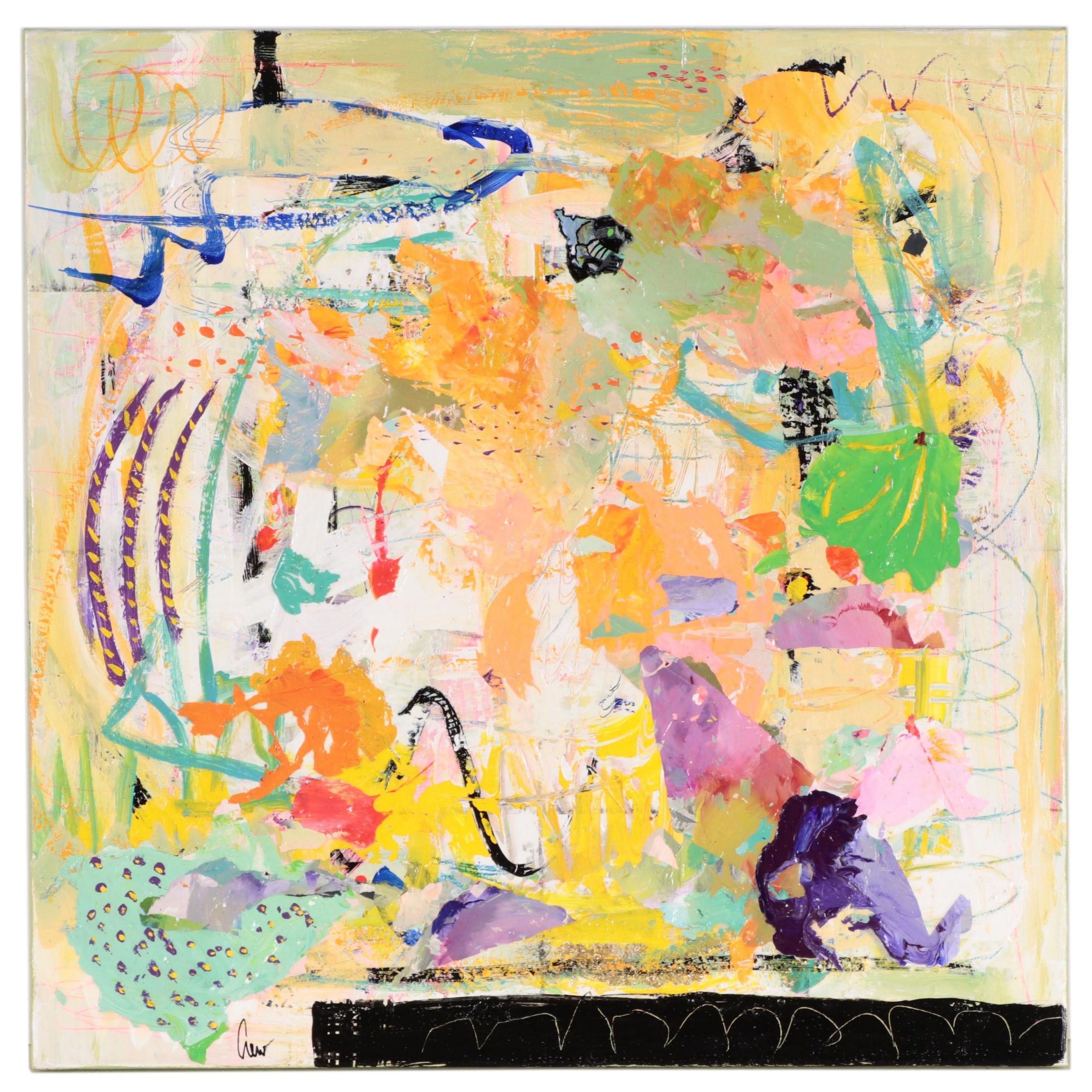 Susan Crew Mixed Media Painting "Octopus Garden Happy Hour," 21st Century