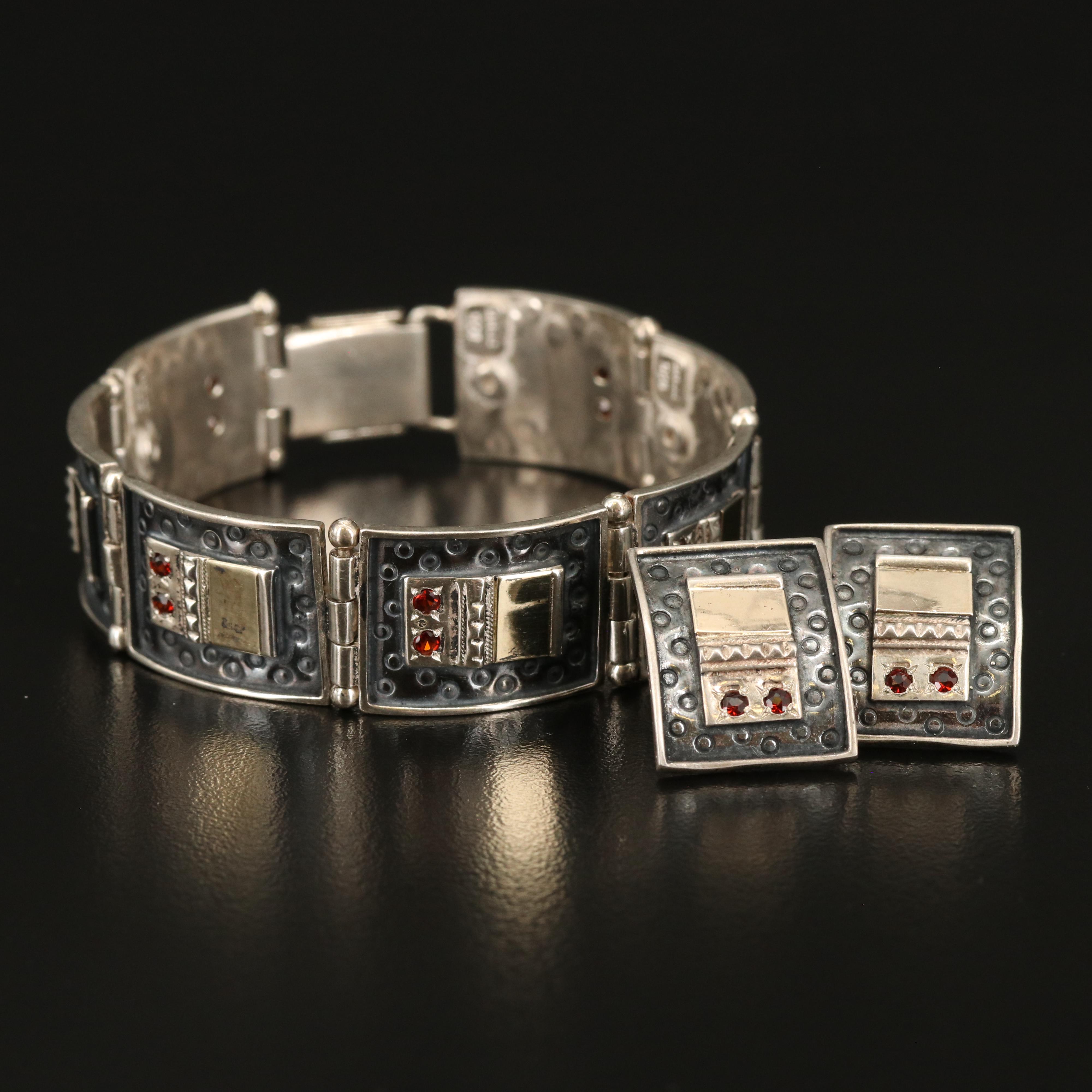 Sterling Garnet Panel Bracelet and Earring Set