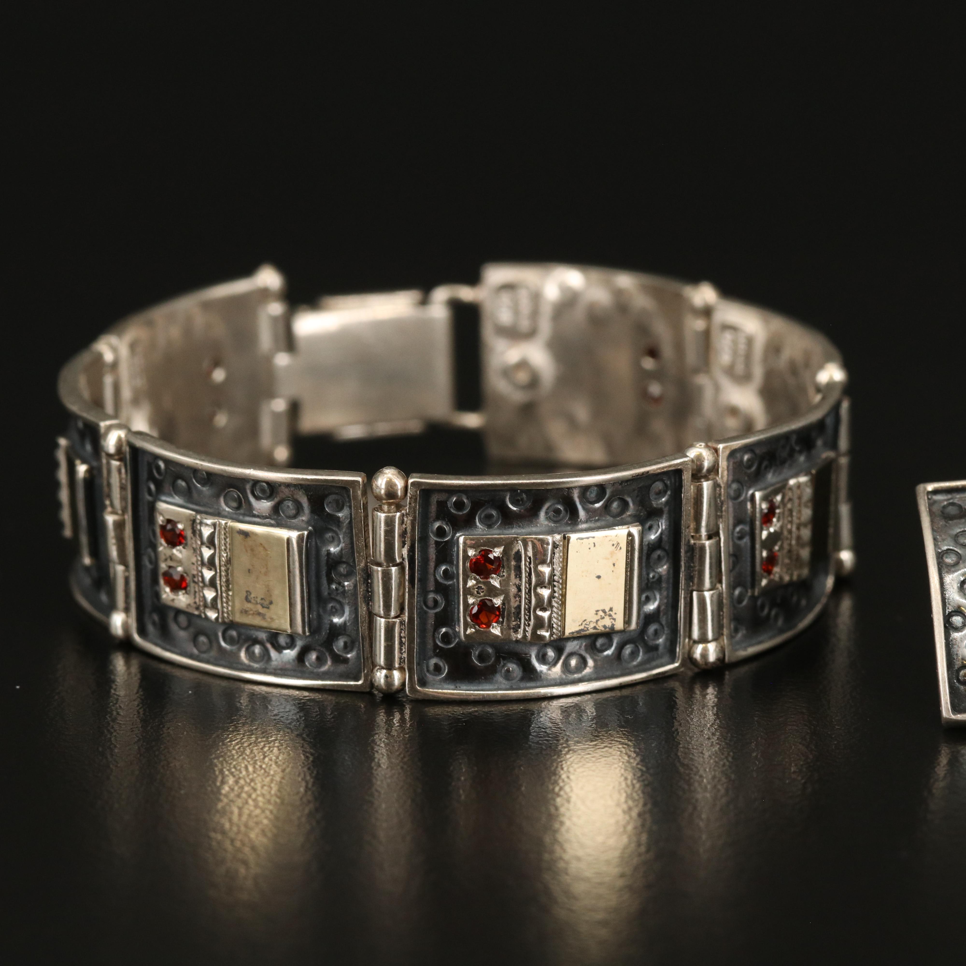 Sterling Garnet Panel Bracelet and Earring Set