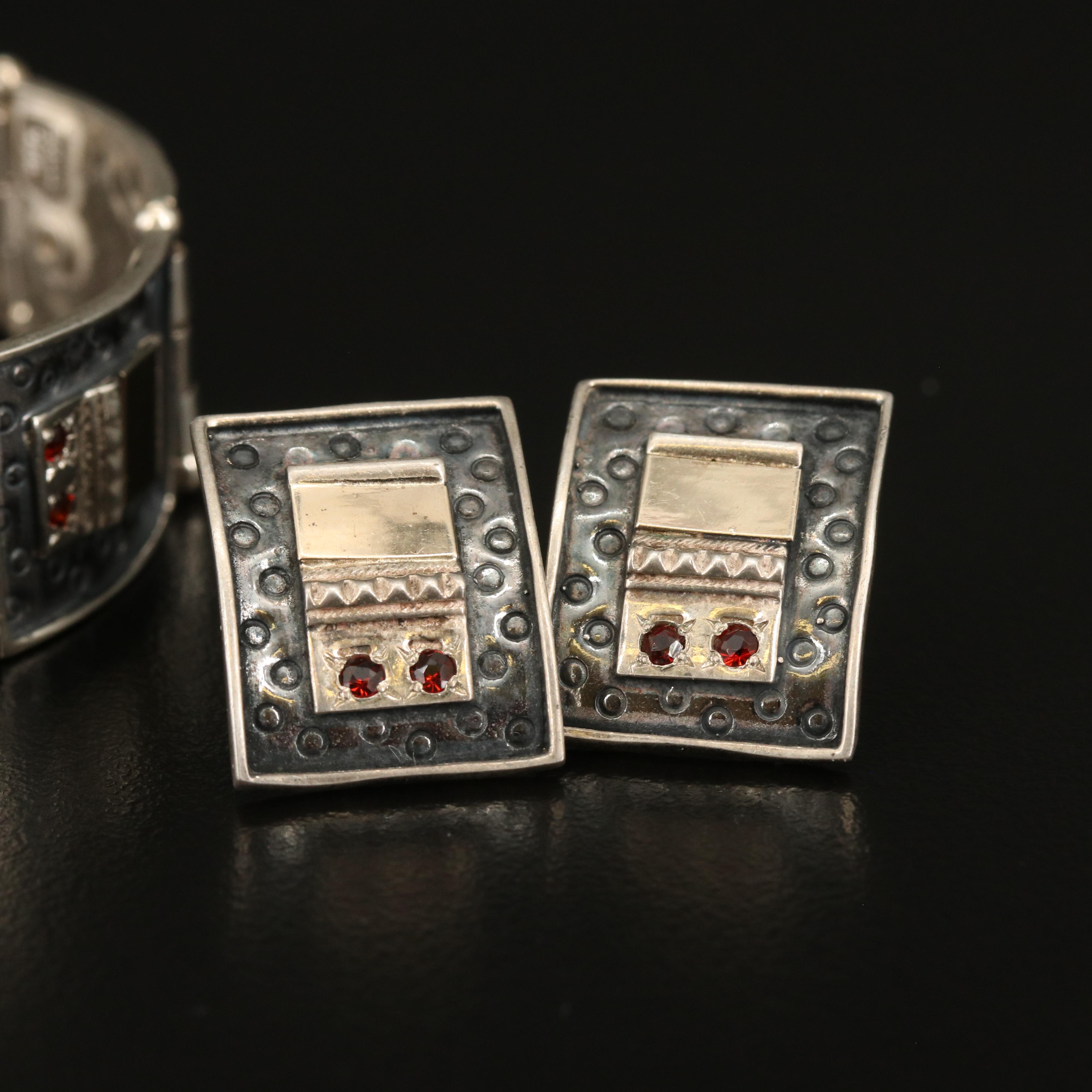 Sterling Garnet Panel Bracelet and Earring Set