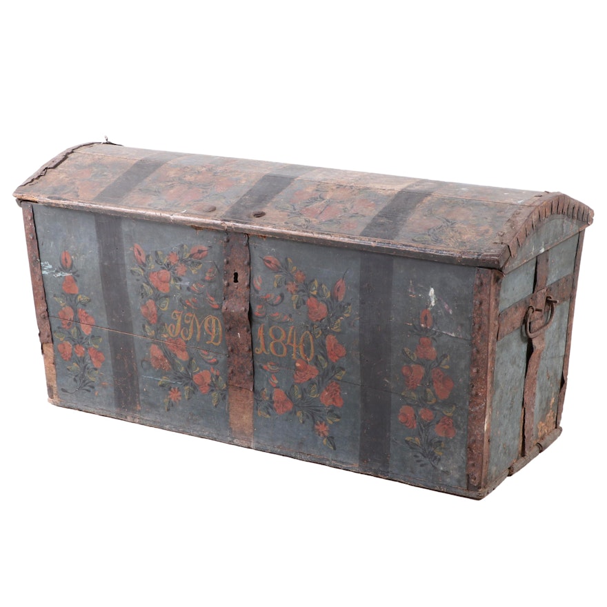 Swedish Iron-Bound and Paint-Decorated Wedding Trunk, dated 1840