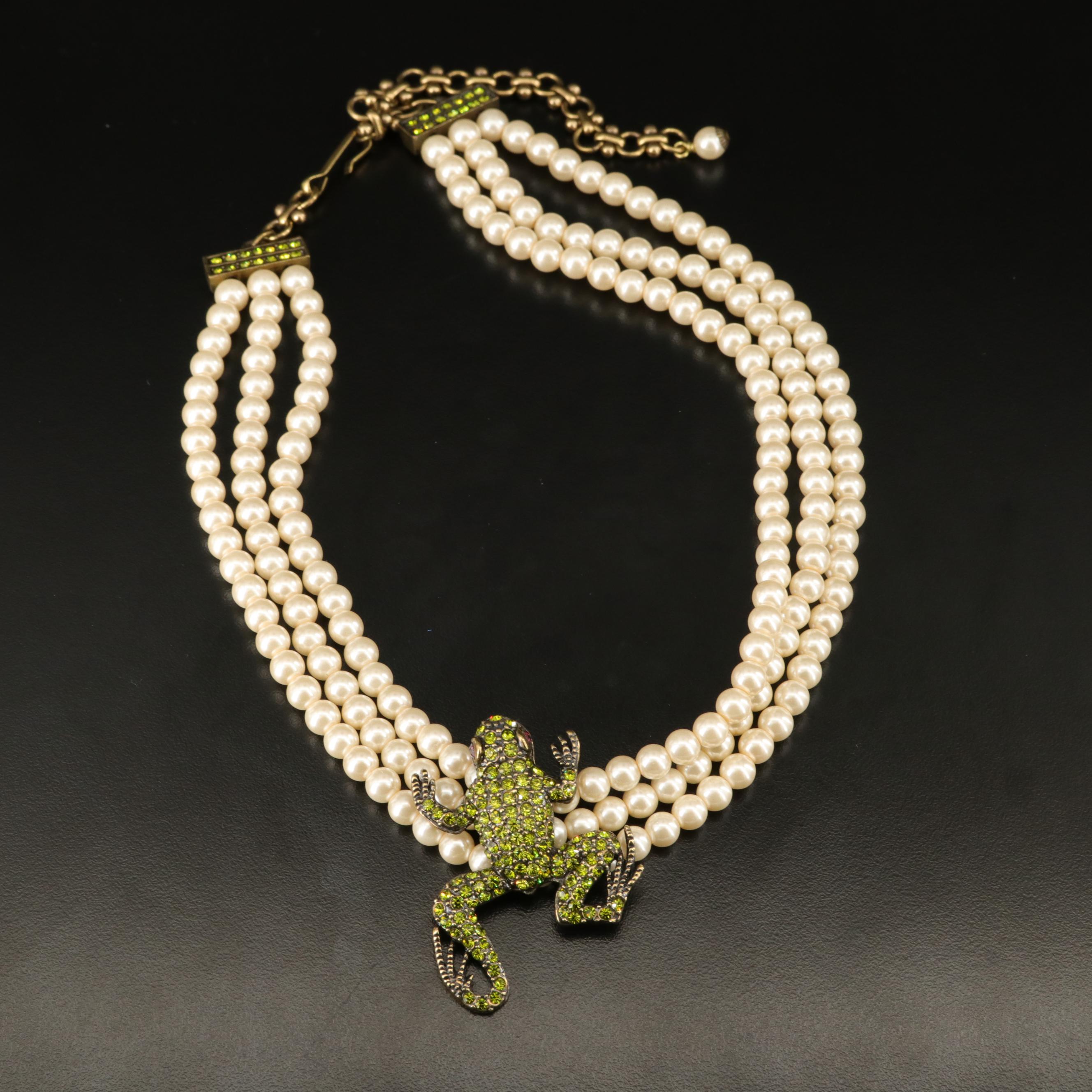 Heidi Daus Frog Multi Strand Pearl and Glass Necklace