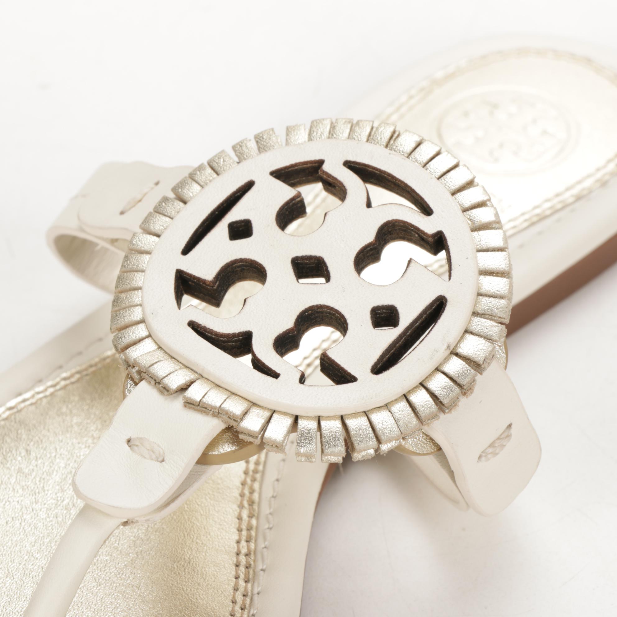 Tory Burch Logo Sandals in Off-White and Gold Metallic