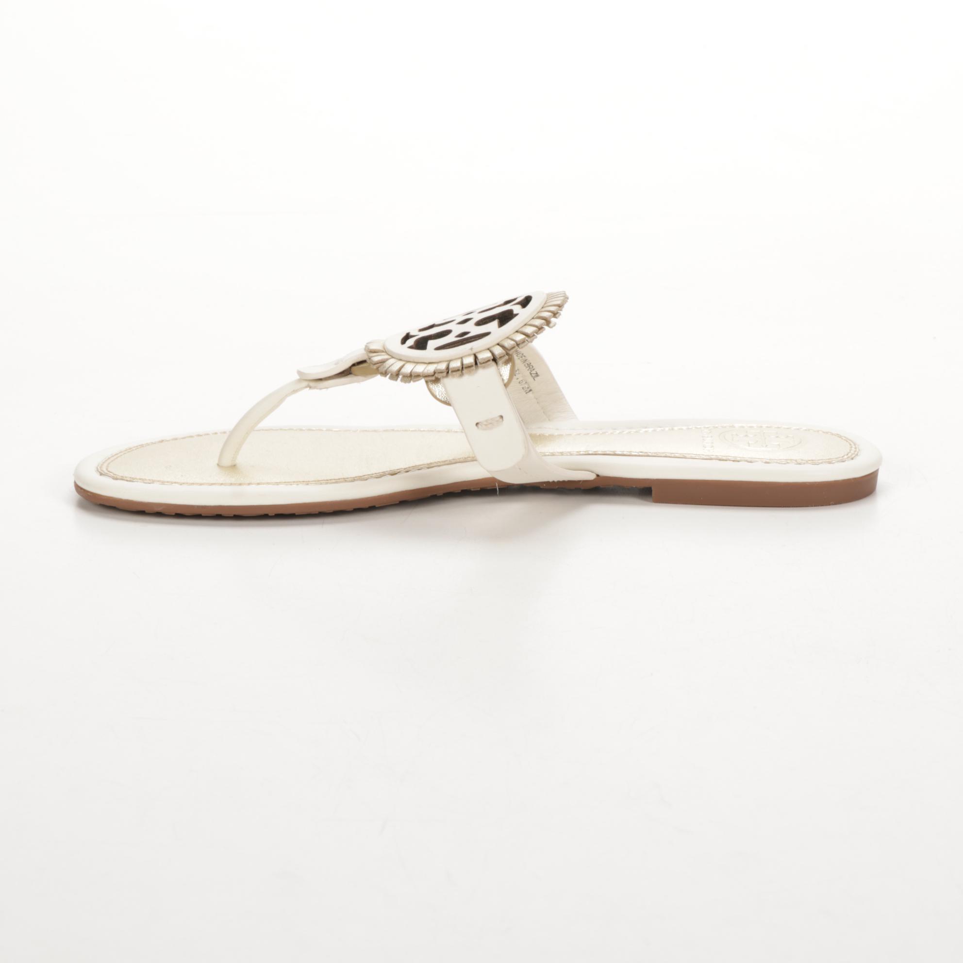 Tory Burch Logo Sandals in Off-White and Gold Metallic