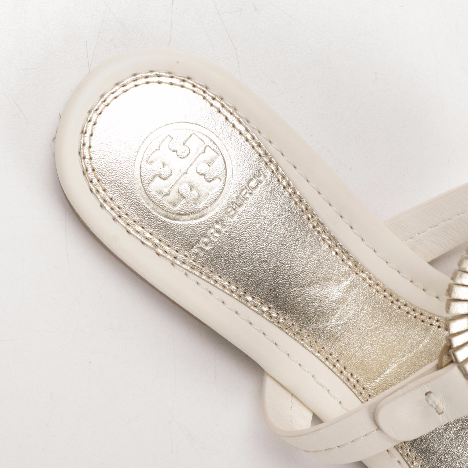 Tory Burch Logo Sandals in Off-White and Gold Metallic