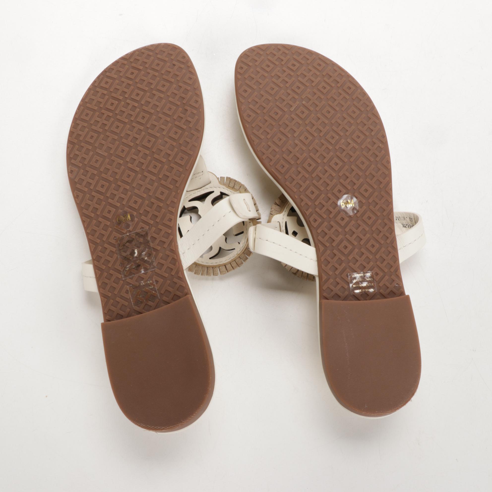 Tory Burch Logo Sandals in Off-White and Gold Metallic