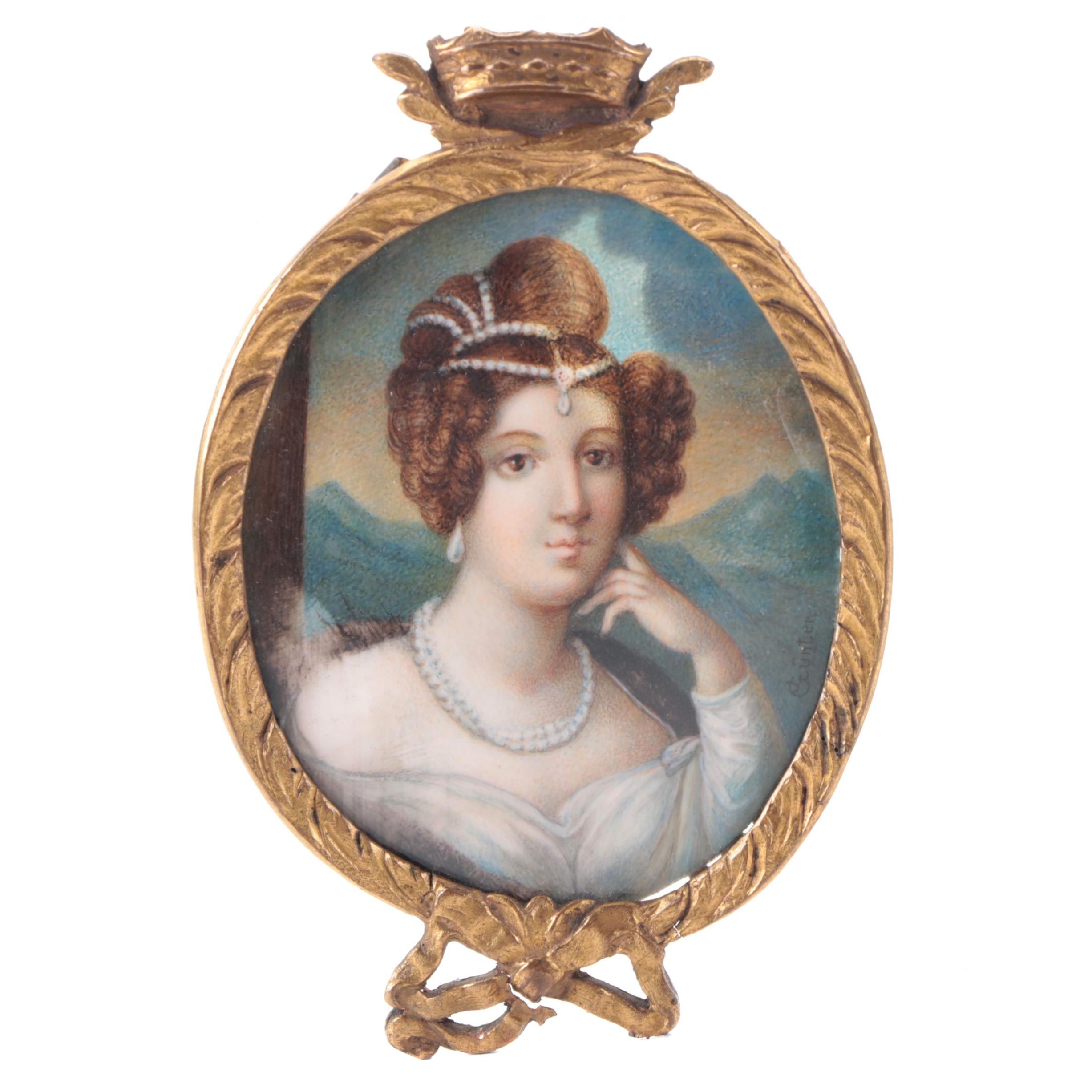 J. Gunter Miniature Portrait Gouache Painting of Duchess of Nassau