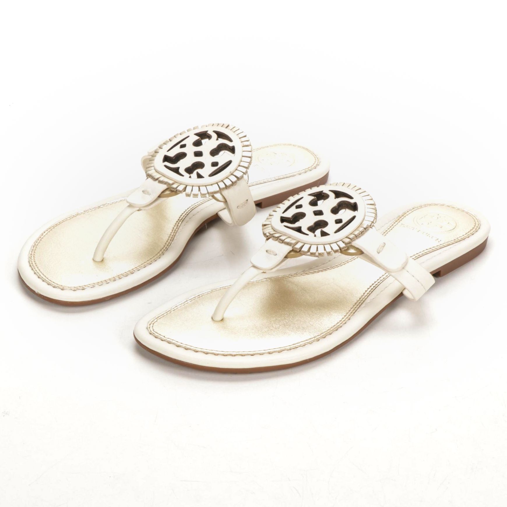 Tory Burch Logo Sandals in Off-White and Gold Metallic