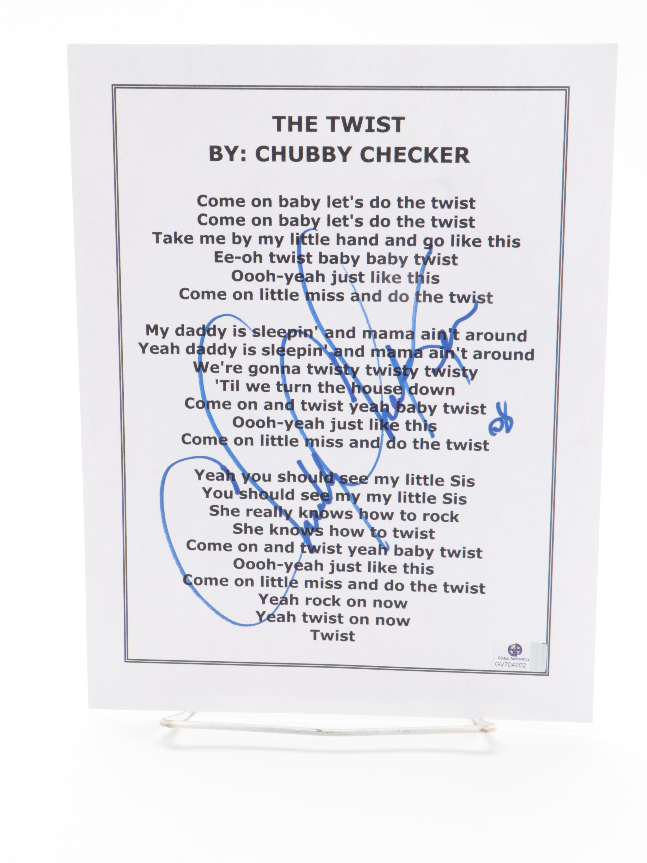 Chubby Checker Signed Photo Print and "The Twist" Lyric Sheet, Globals COAs
