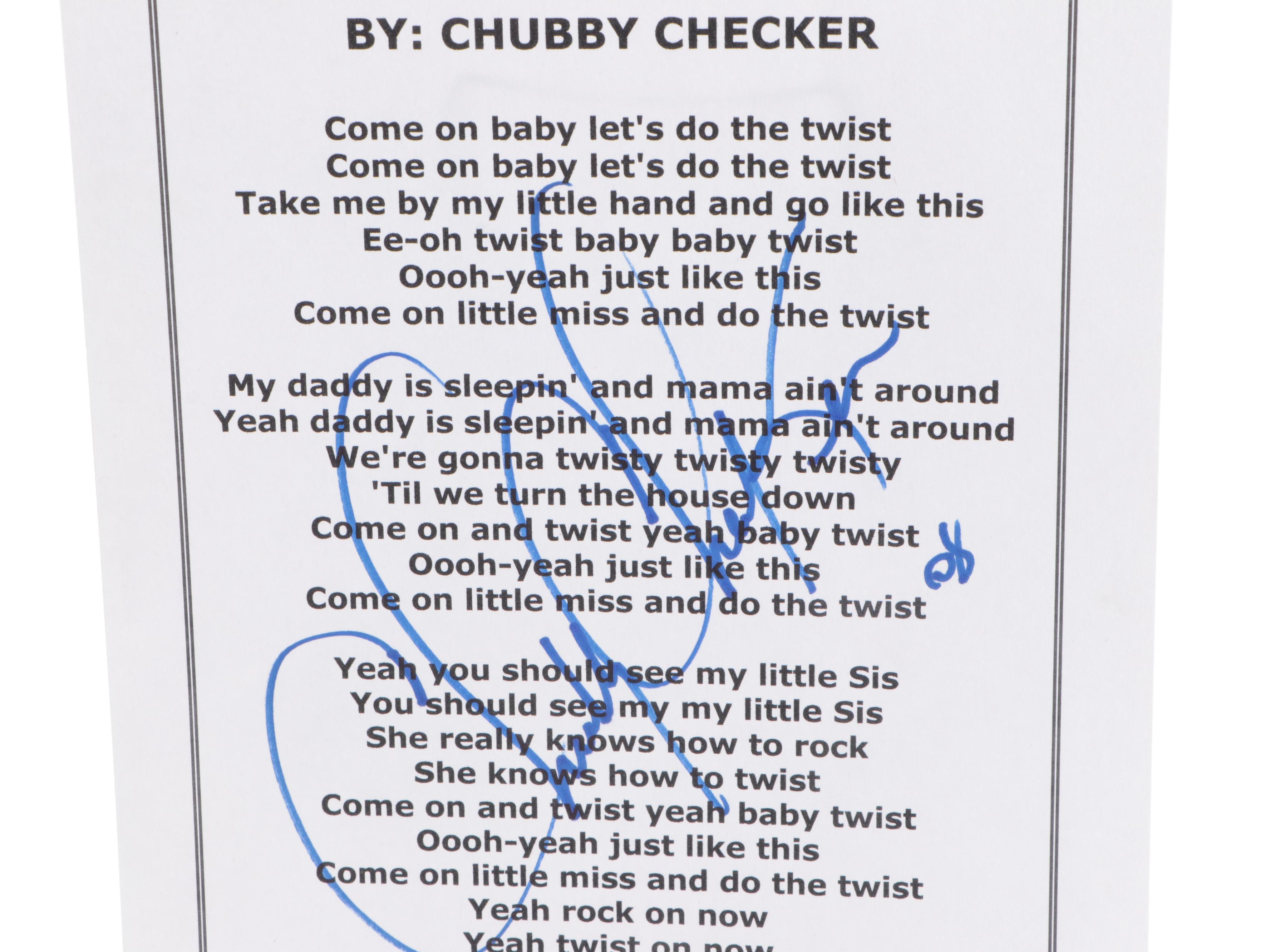 Chubby Checker Signed Photo Print and "The Twist" Lyric Sheet, Globals COAs
