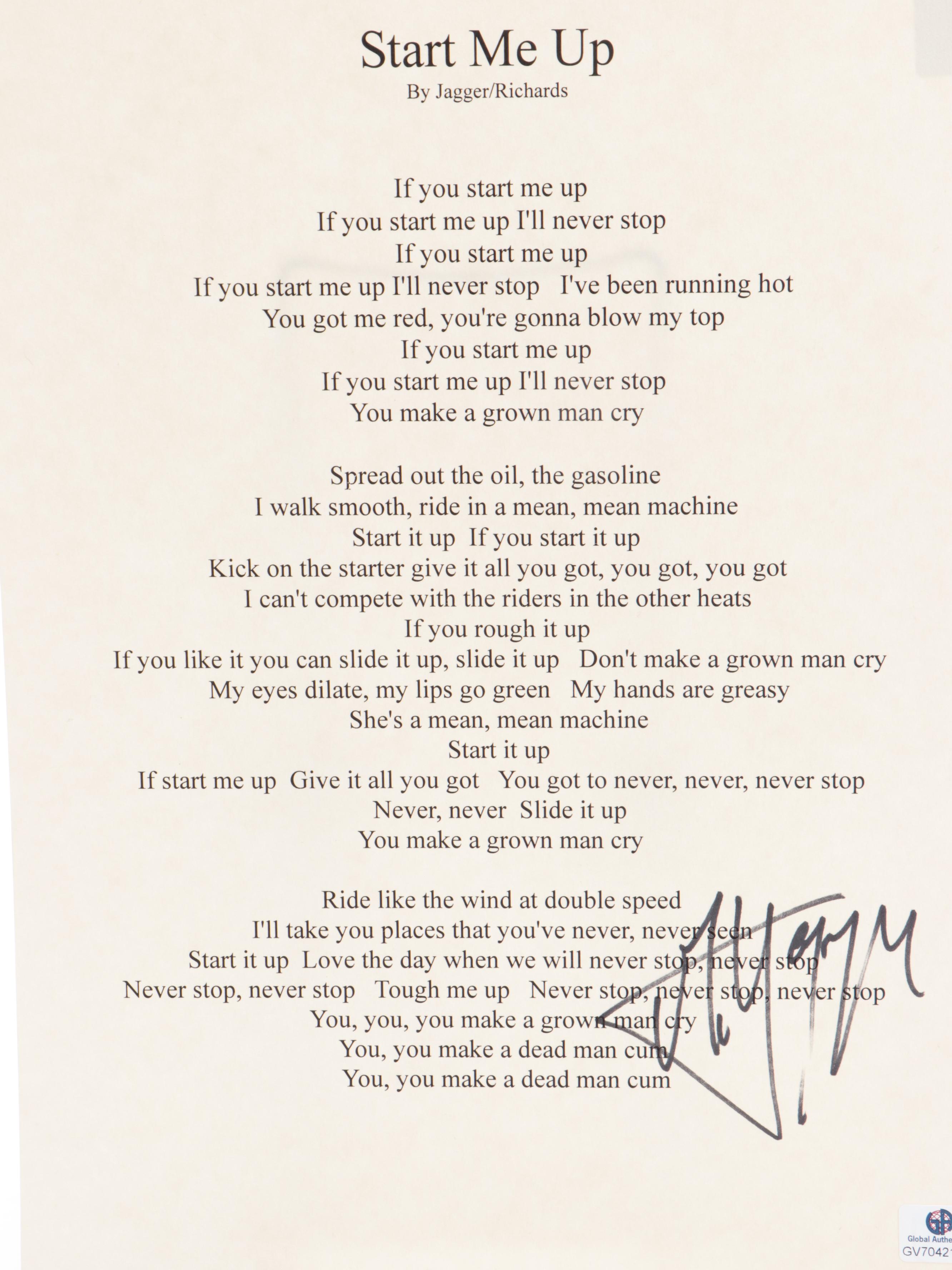 Mick Jagger Signed "Start Me Up" Lyric Sheet, Global COA