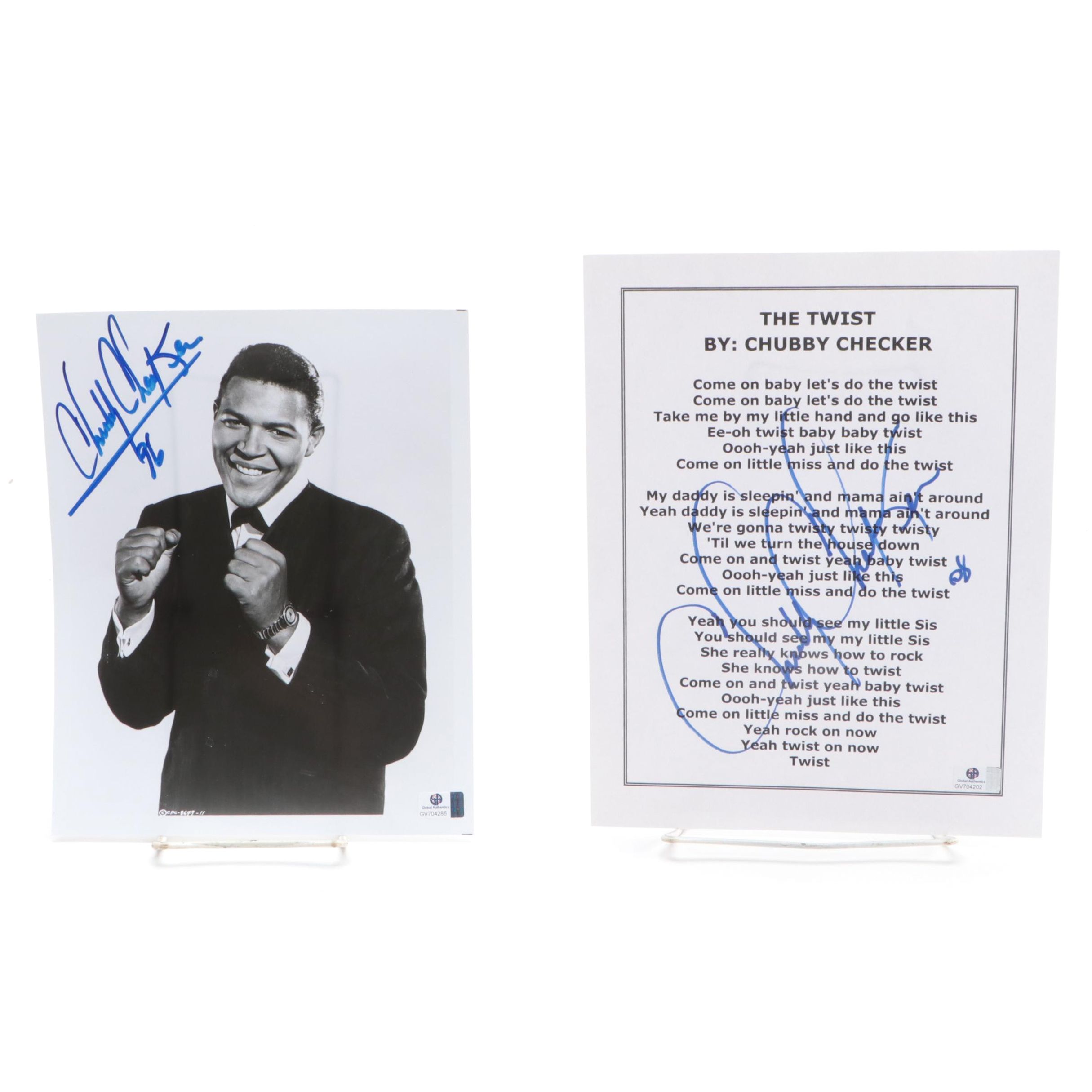 Chubby Checker Signed Photo Print and "The Twist" Lyric Sheet, Globals COAs