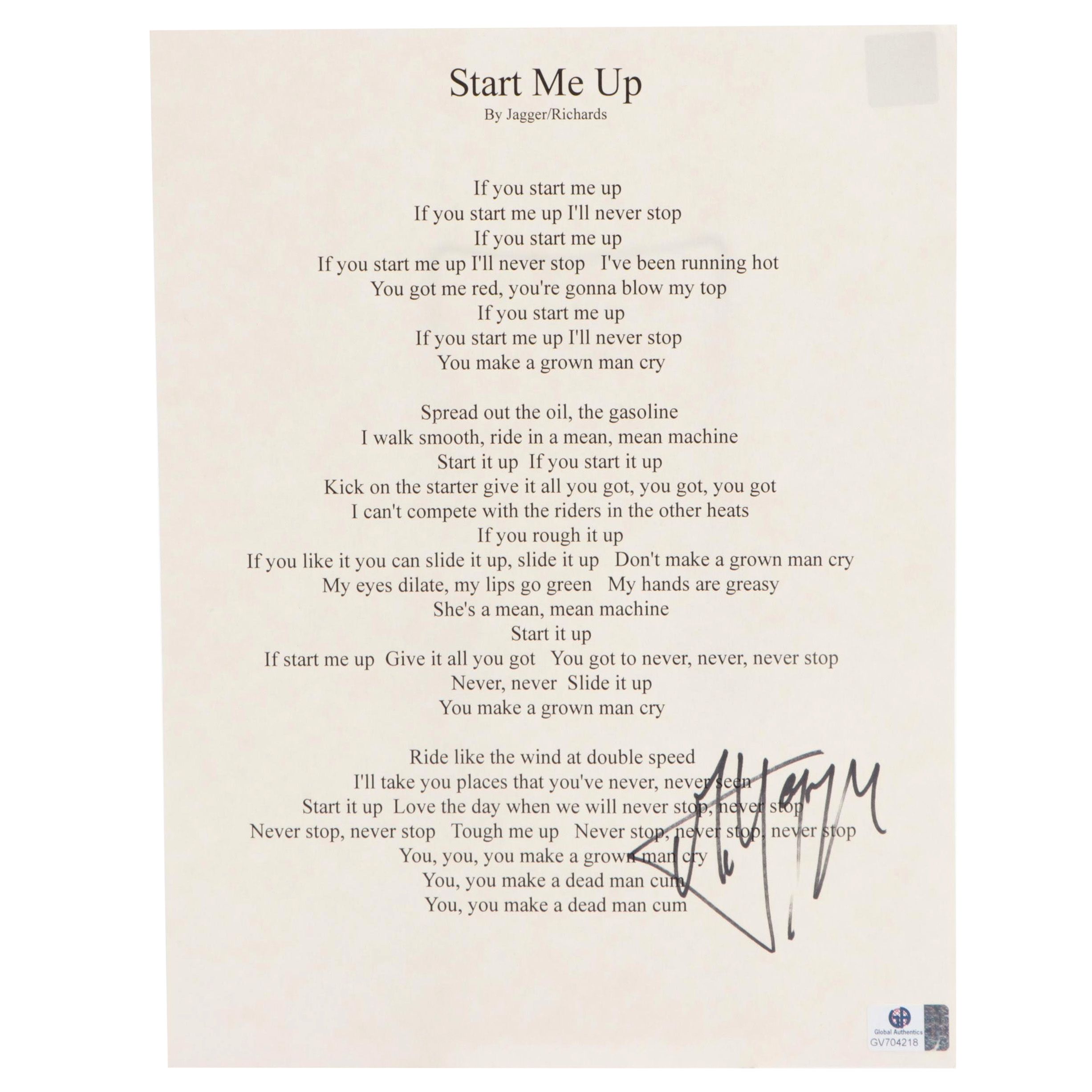 Mick Jagger Signed "Start Me Up" Lyric Sheet, Global COA