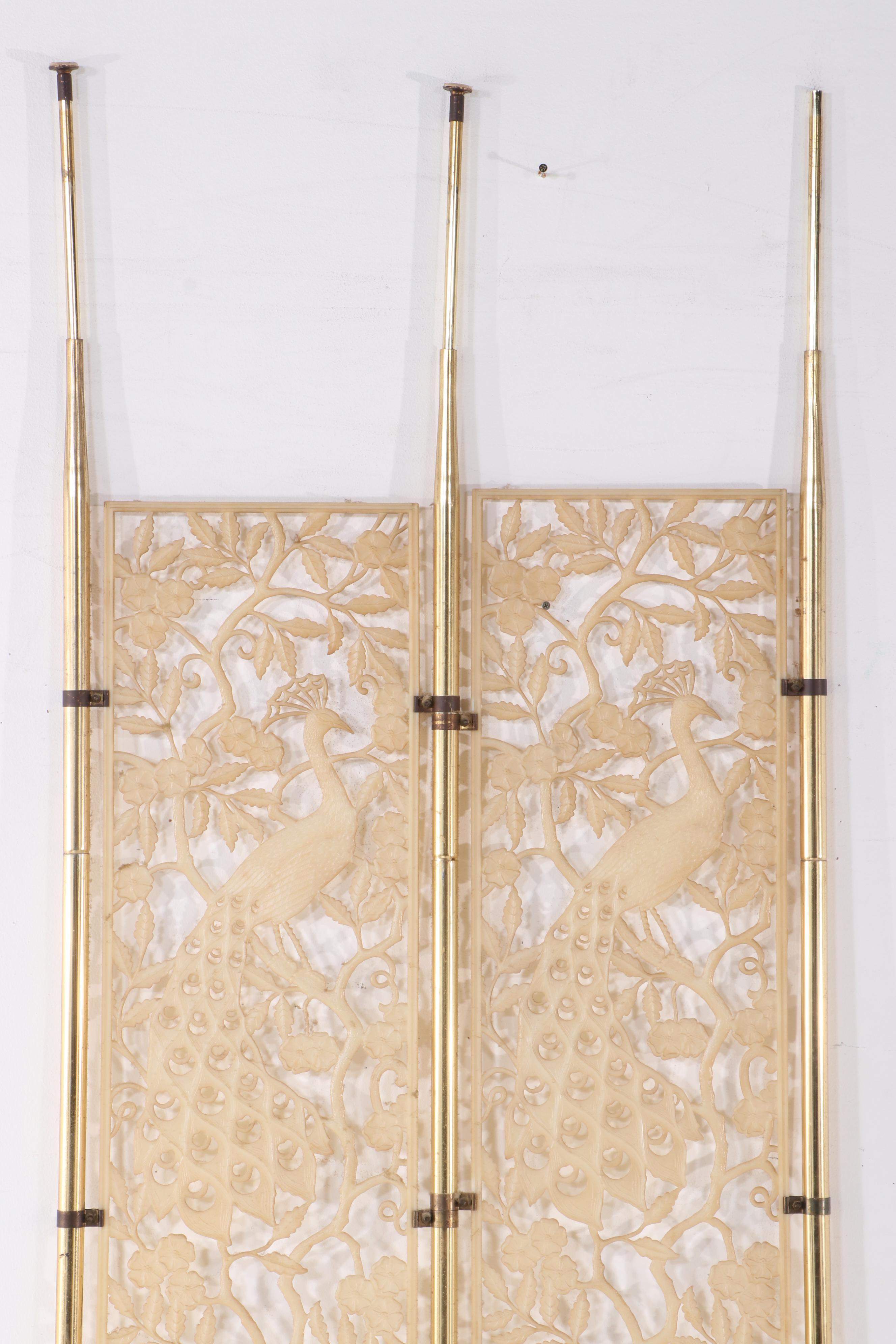 Pierced Plastic and Metal Tension Rod Peacock-Themed Room Divider