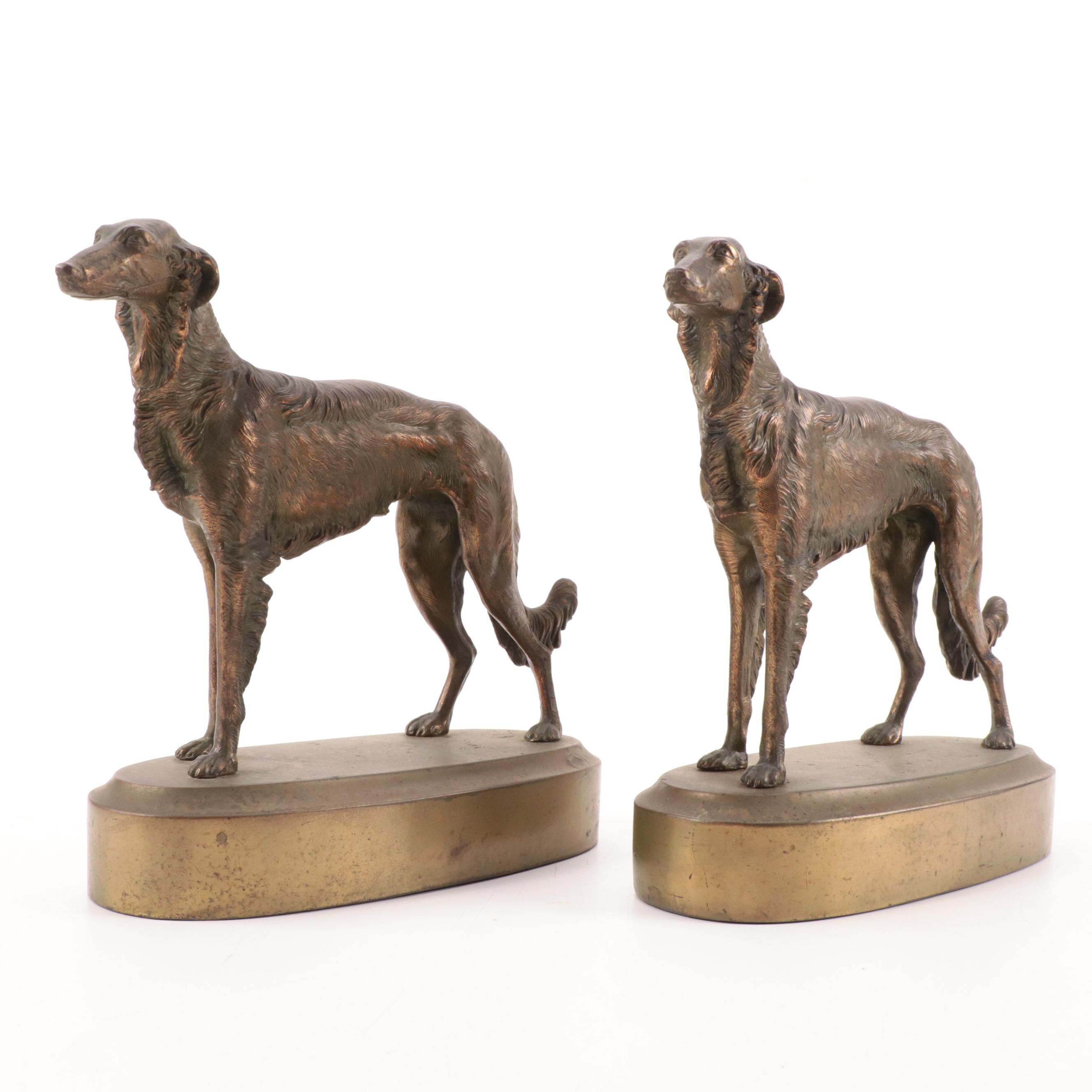 Cast Brass Borzoi Dog Bookends, Early 20th Century