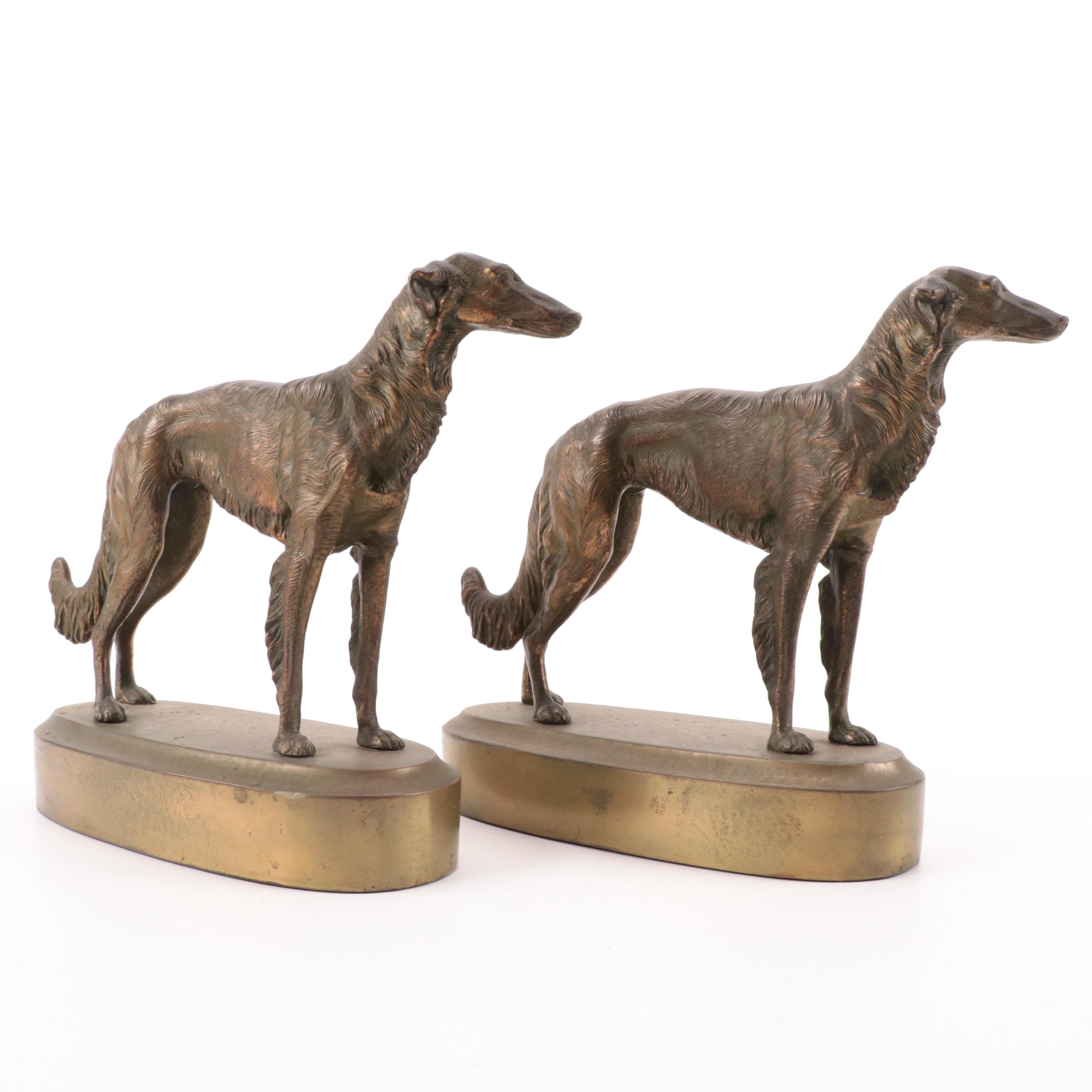 Cast Brass Borzoi Dog Bookends, Early 20th Century