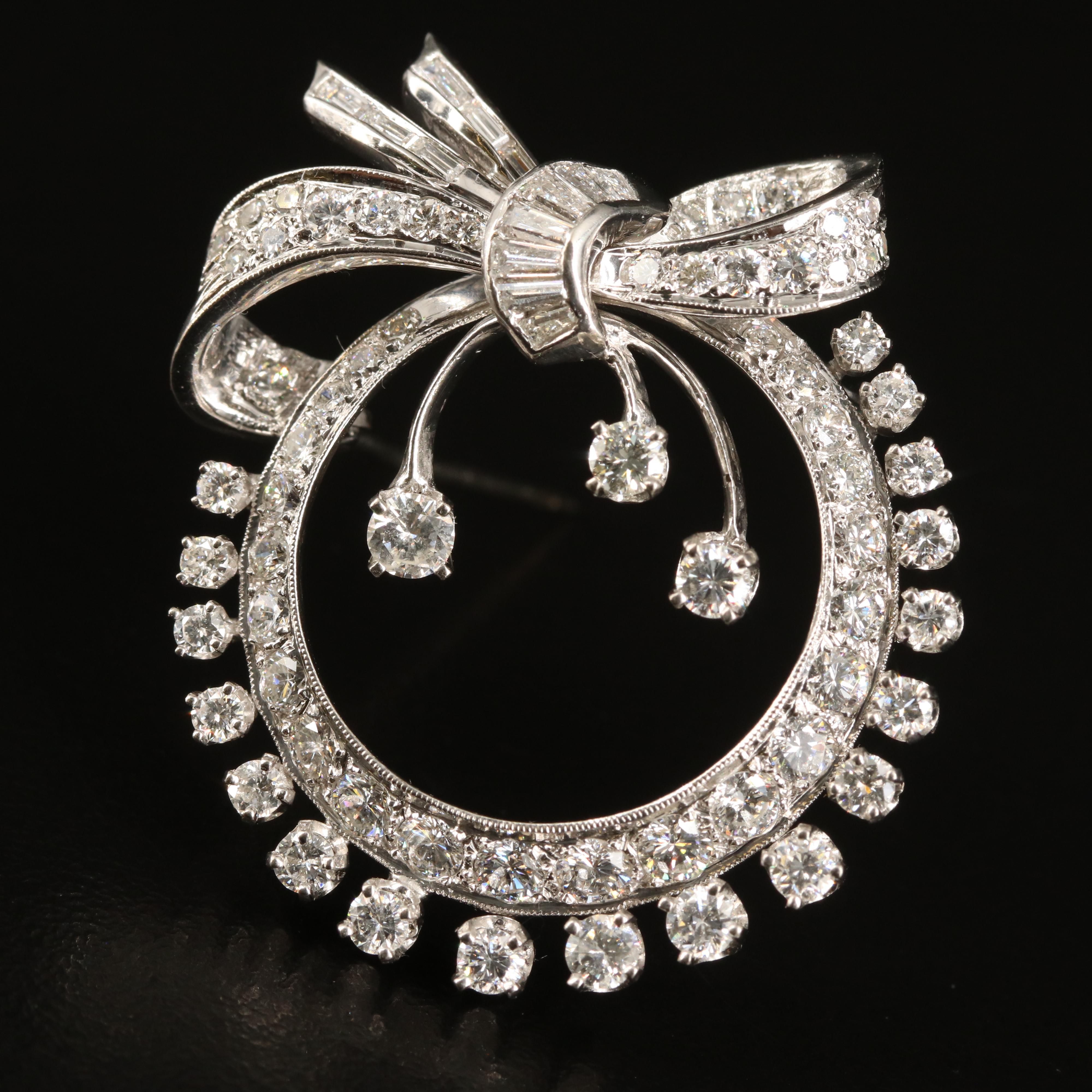 Vintage 14K 3.22 CTW Diamond Bow Circle Brooch