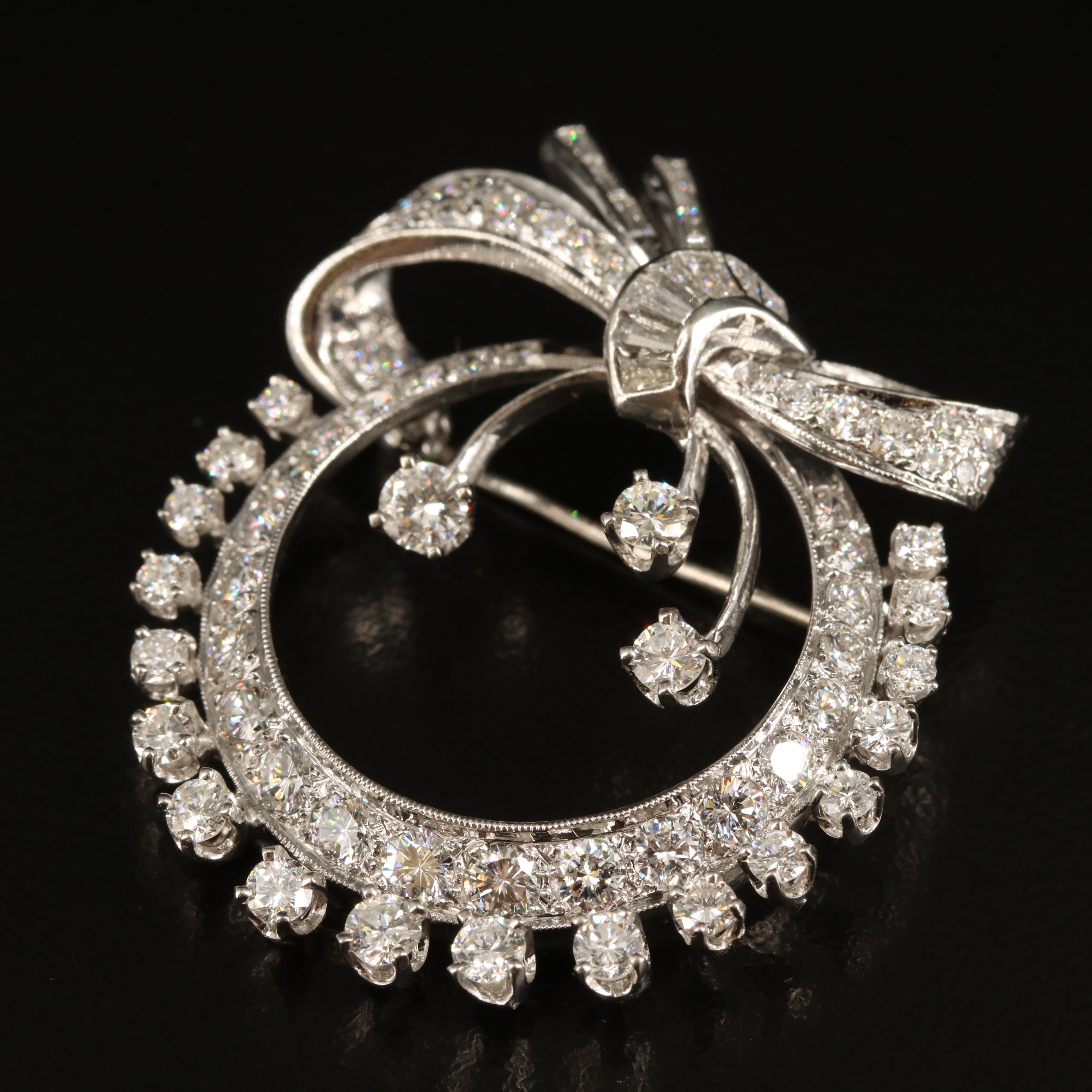 Vintage 14K 3.22 CTW Diamond Bow Circle Brooch