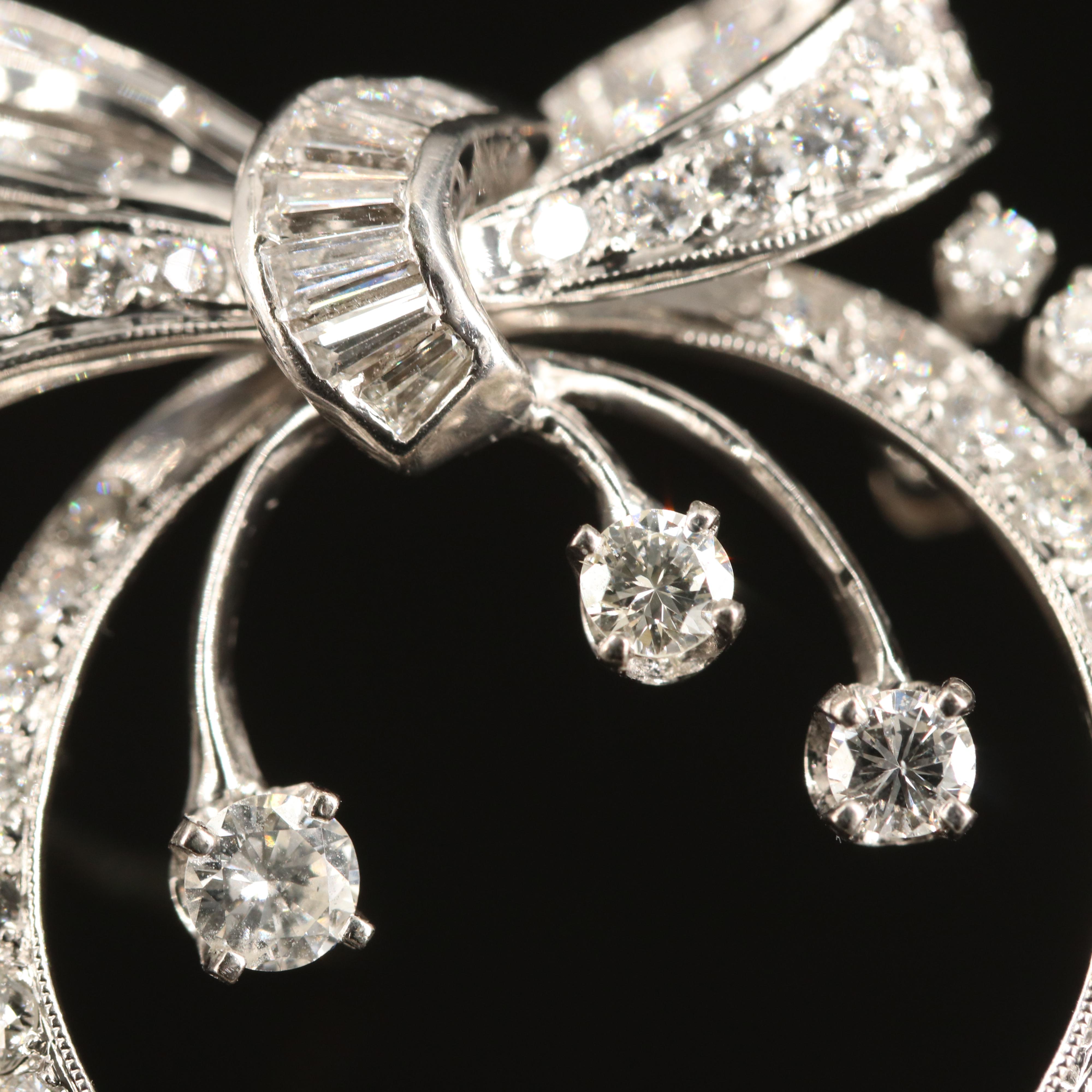 Vintage 14K 3.22 CTW Diamond Bow Circle Brooch