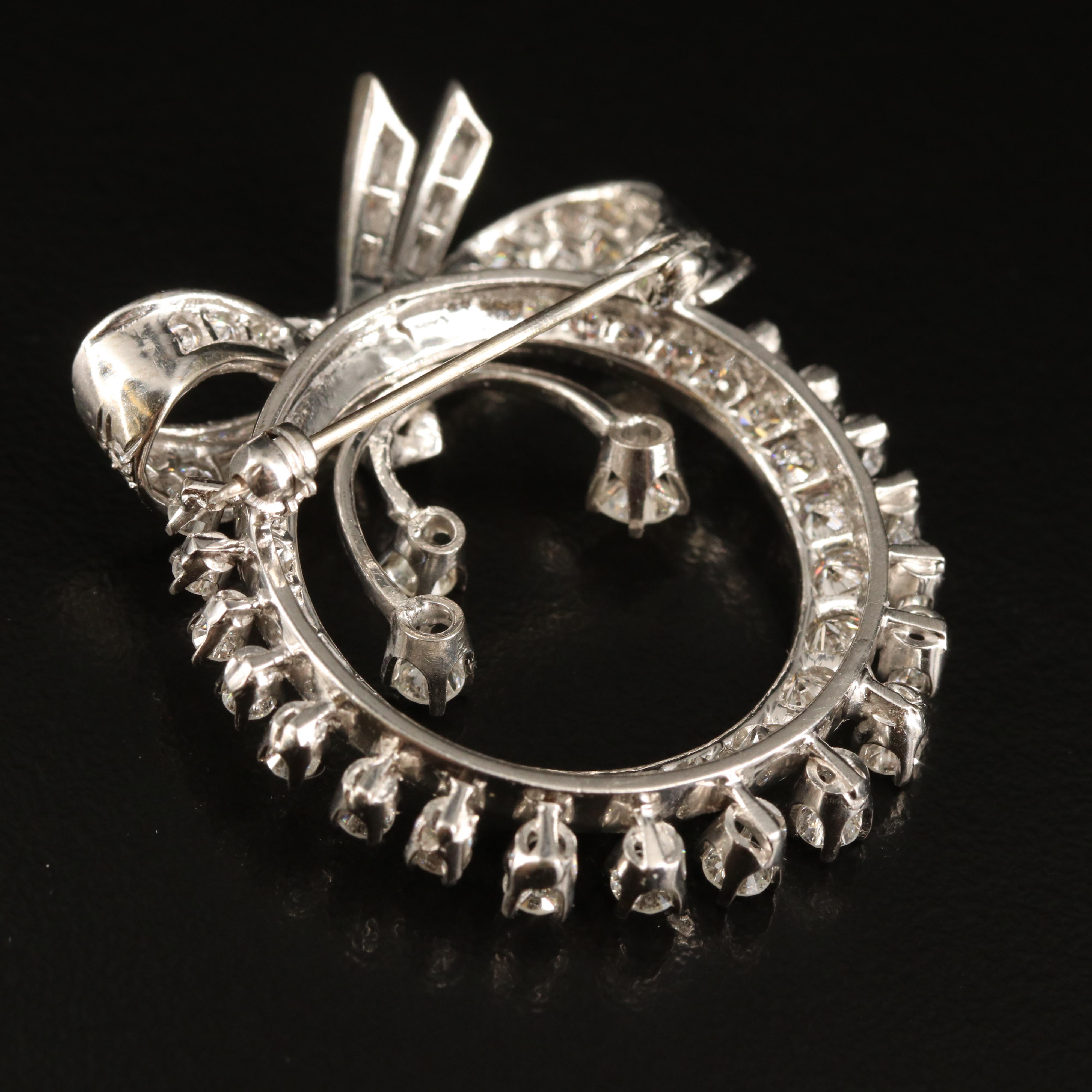 Vintage 14K 3.22 CTW Diamond Bow Circle Brooch