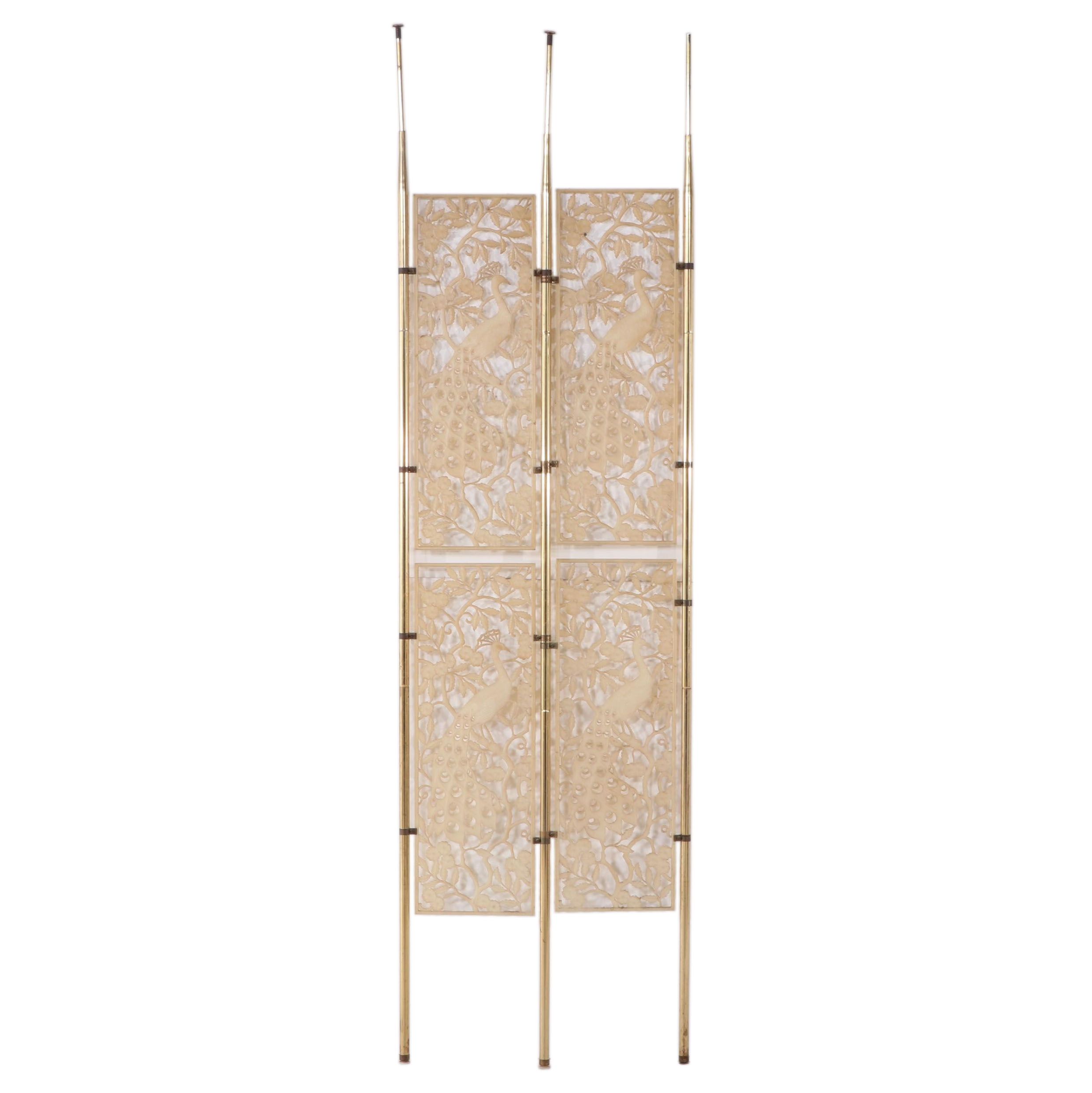 Pierced Plastic and Metal Tension Rod Peacock-Themed Room Divider