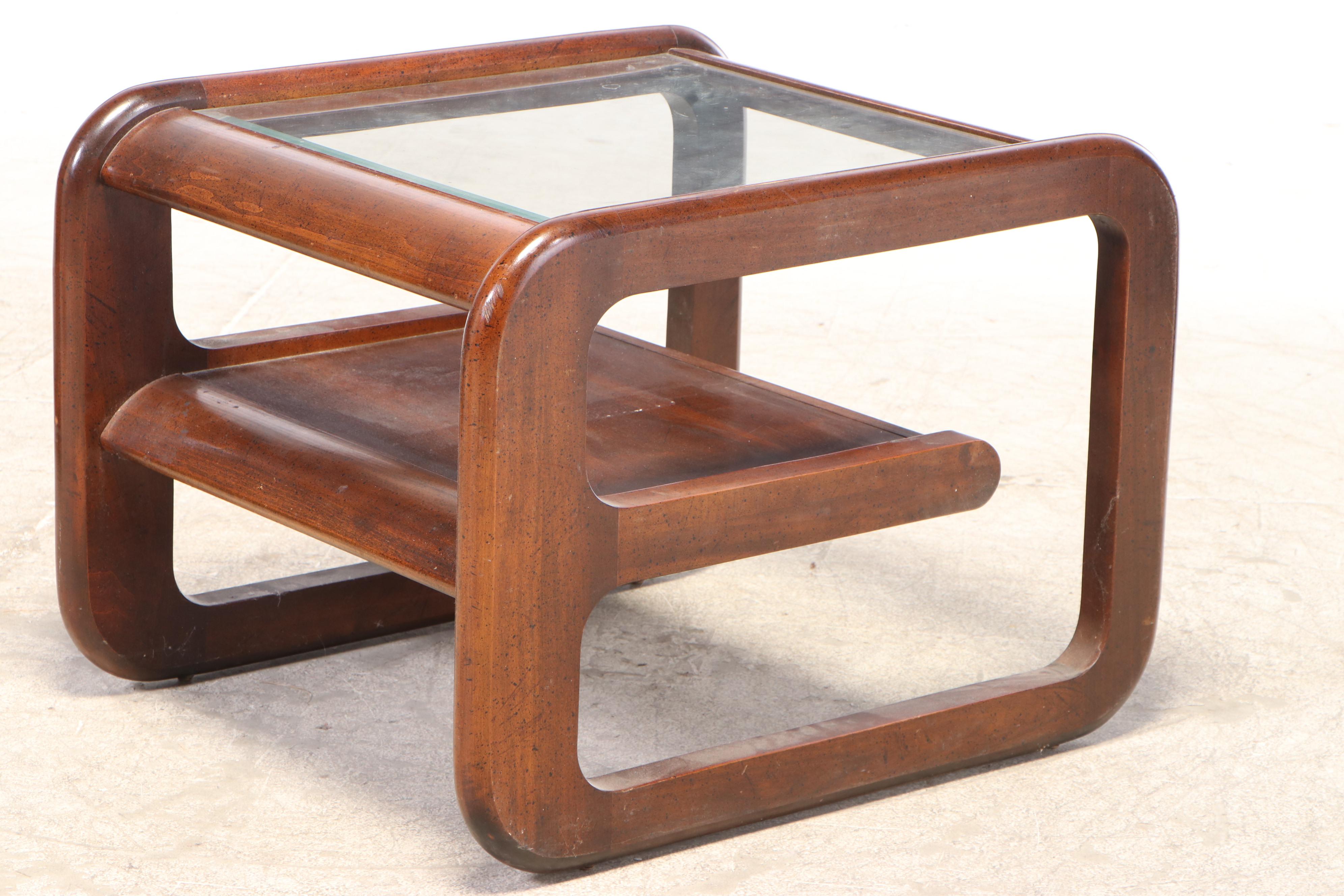 Lou Hodges Style Walnut and Glass Cantilever Coffee and End Table Set