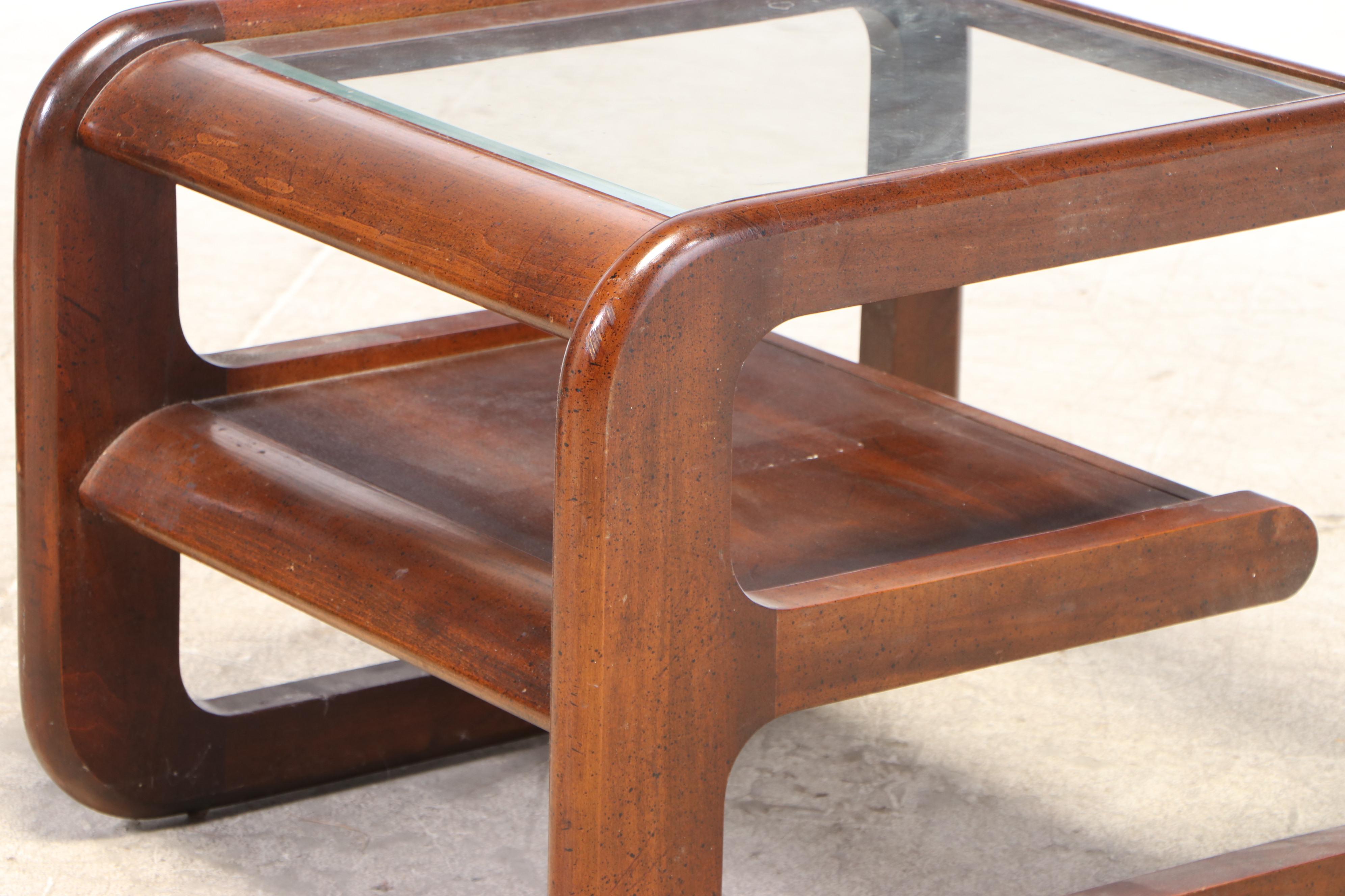 Lou Hodges Style Walnut and Glass Cantilever Coffee and End Table Set