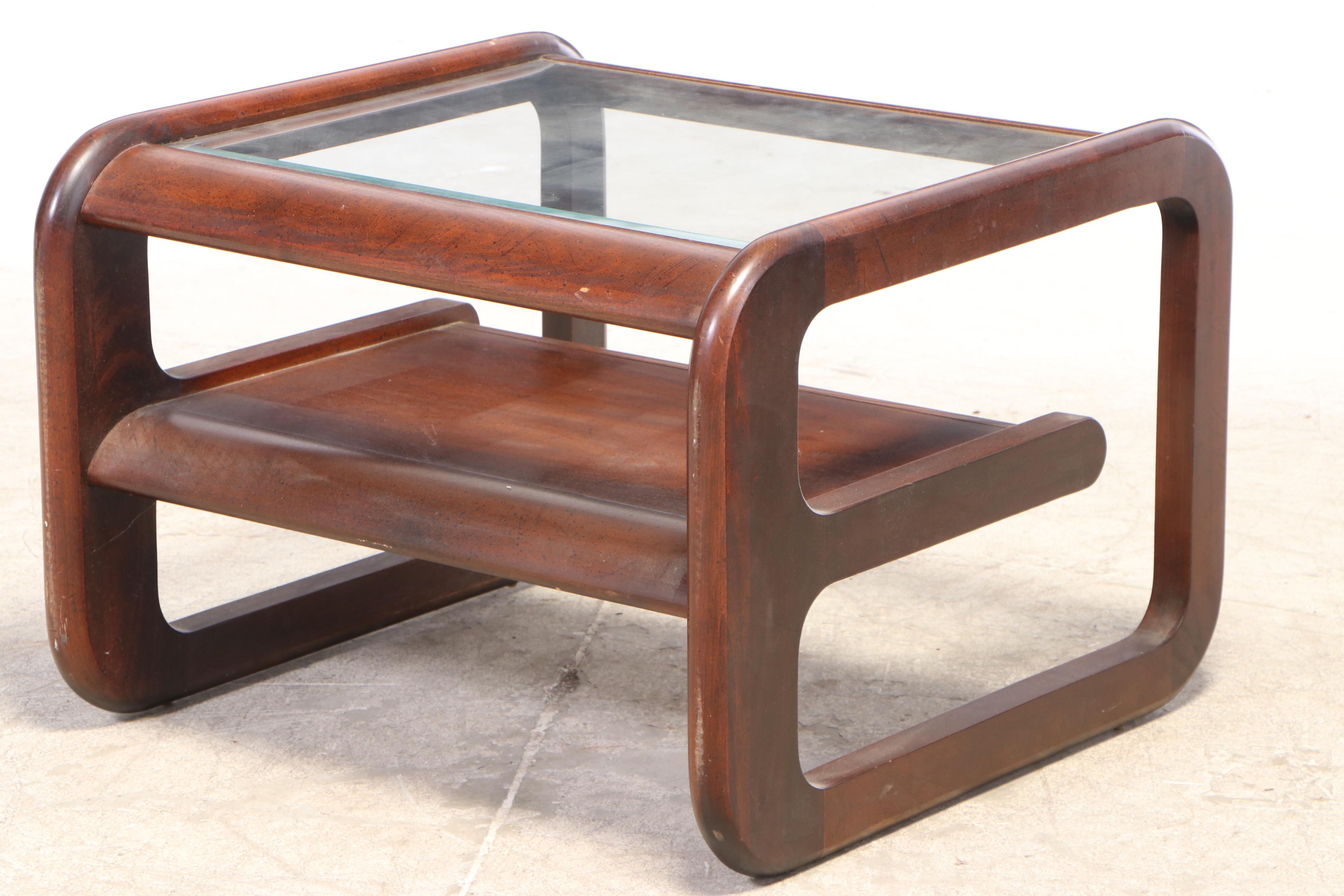 Lou Hodges Style Walnut and Glass Cantilever Coffee and End Table Set
