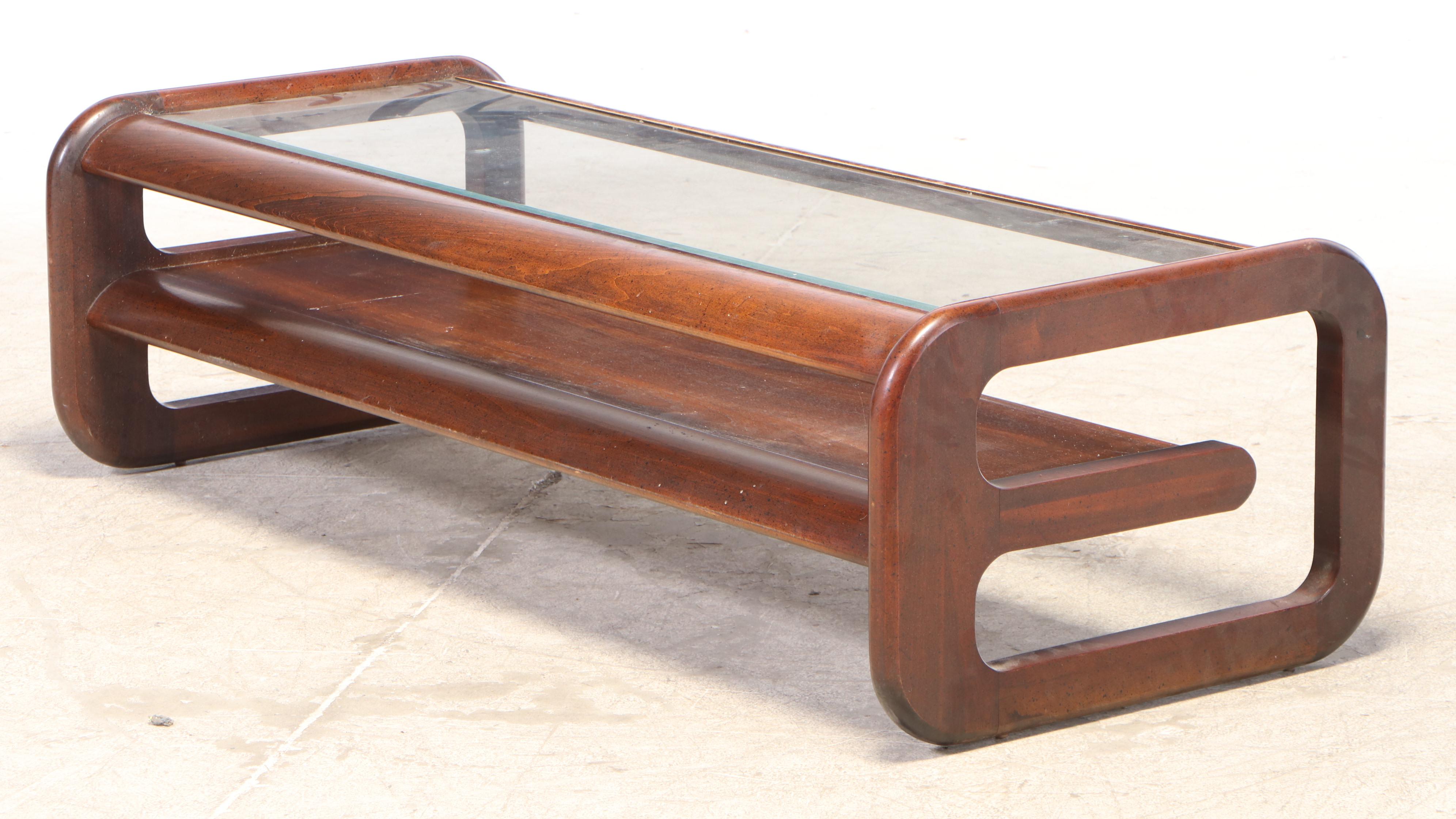 Lou Hodges Style Walnut and Glass Cantilever Coffee and End Table Set