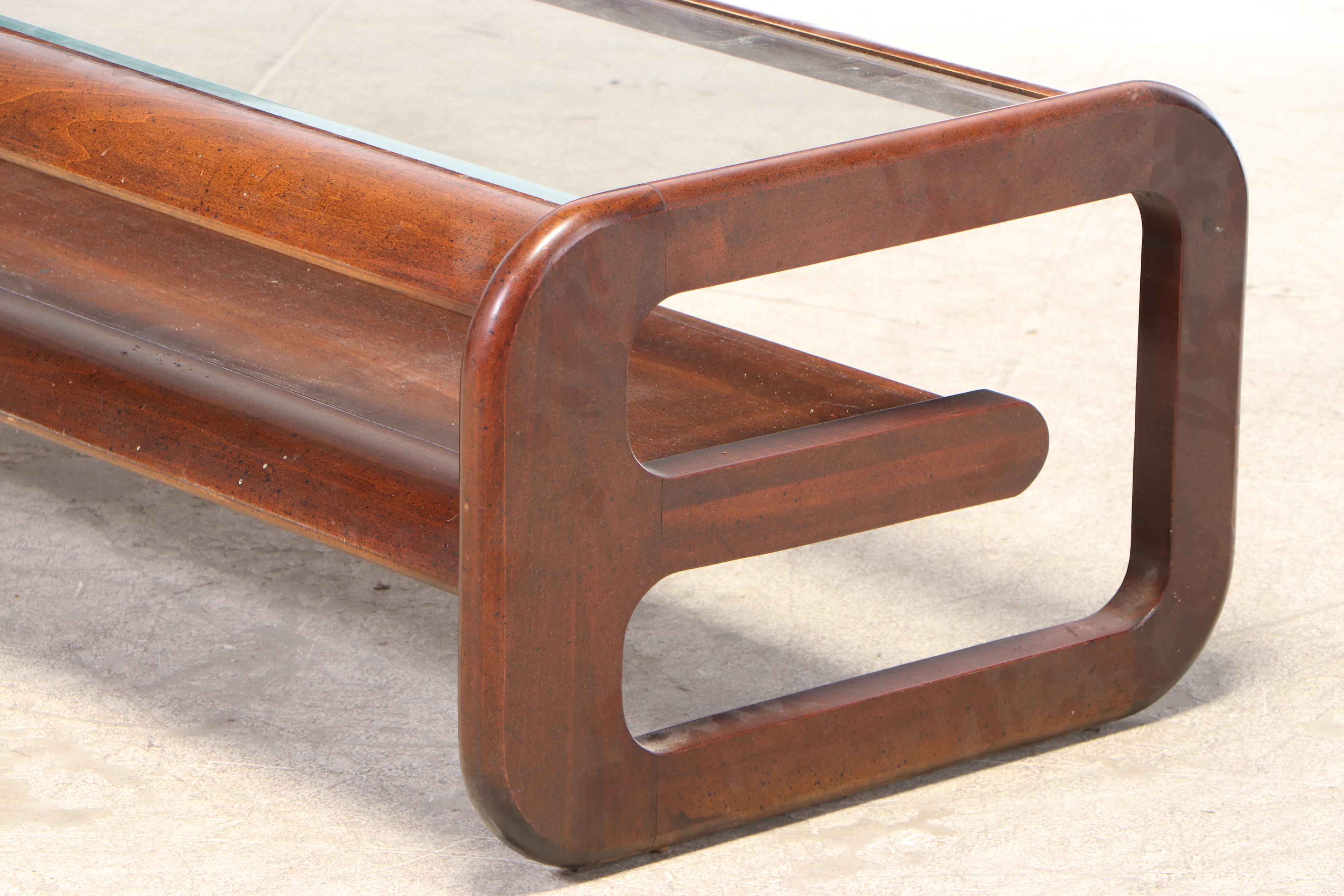 Lou Hodges Style Walnut and Glass Cantilever Coffee and End Table Set