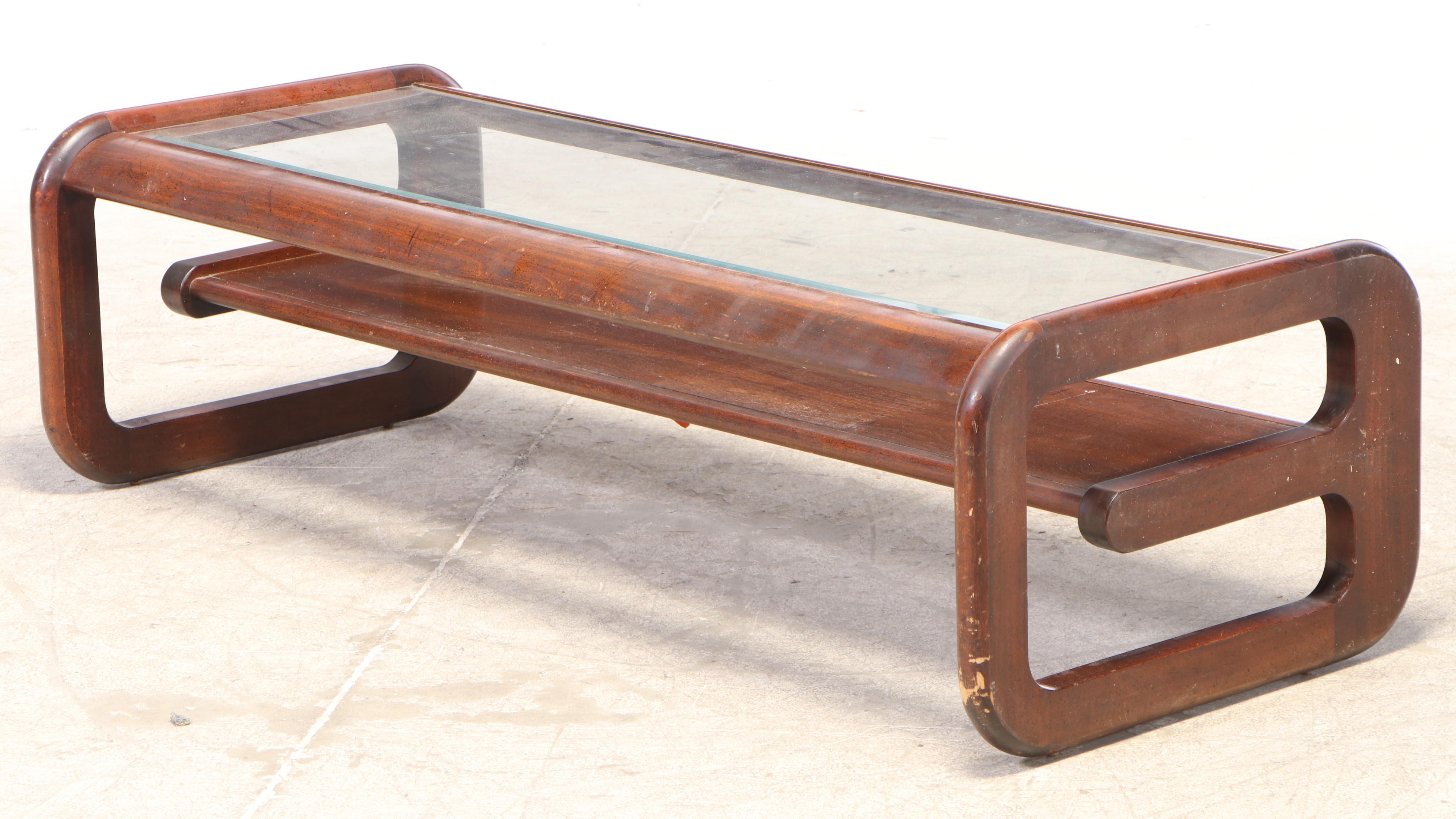 Lou Hodges Style Walnut and Glass Cantilever Coffee and End Table Set