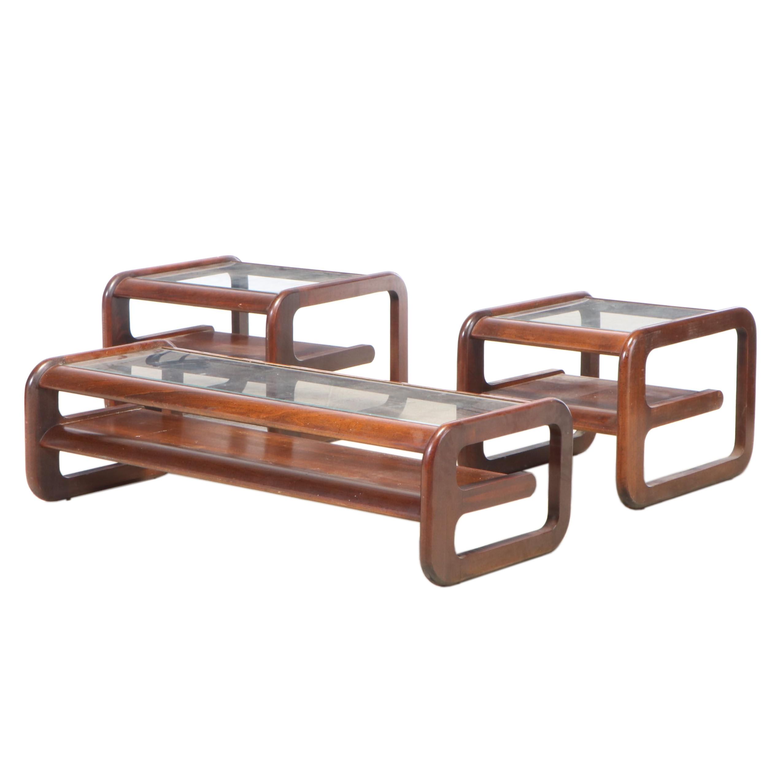 Lou Hodges Style Walnut and Glass Cantilever Coffee and End Table Set