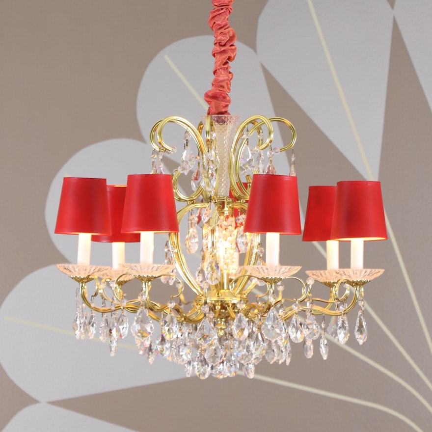 Gilt Metal and Crystal 7-Light Chandelier with Red Shades and Ruched Chain Cover