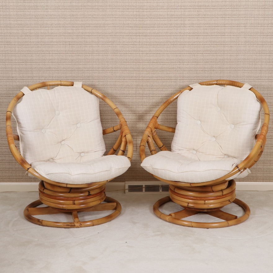 Bamboo and Rattan Pair of Swivel Chairs