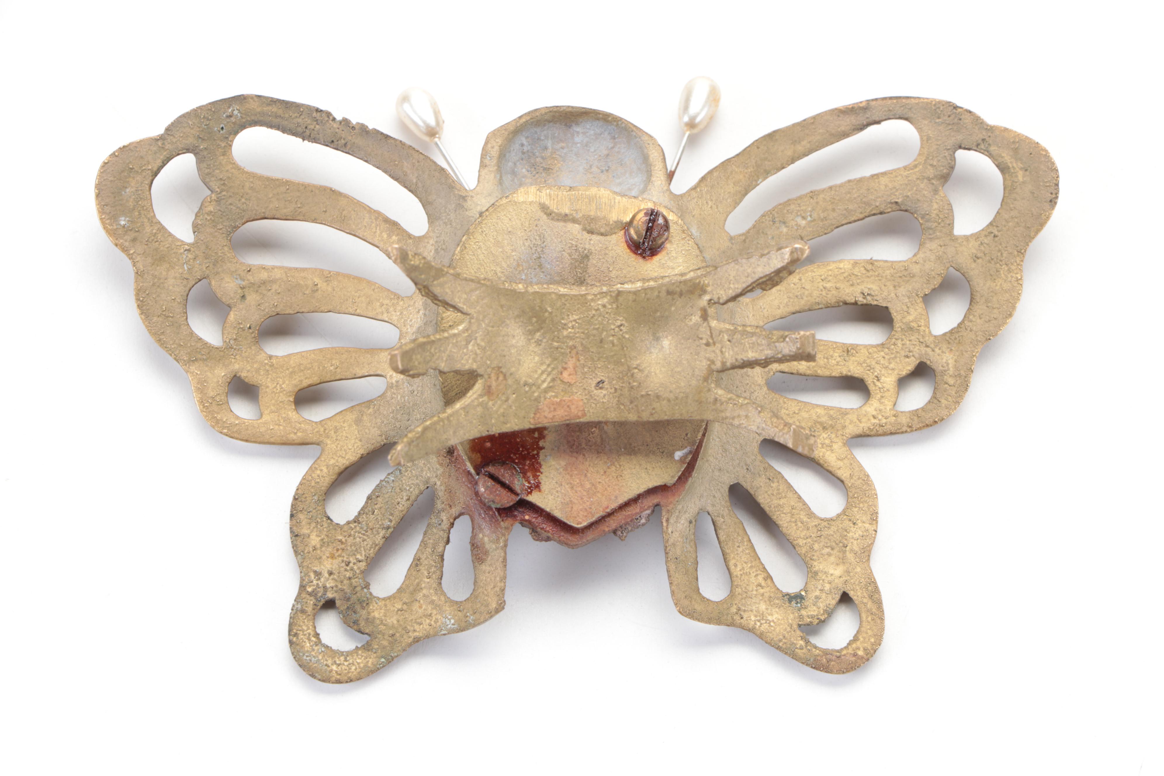 Victorian Style Brass Expandable Bookend, Butterfly Pincushion, and Candlesticks