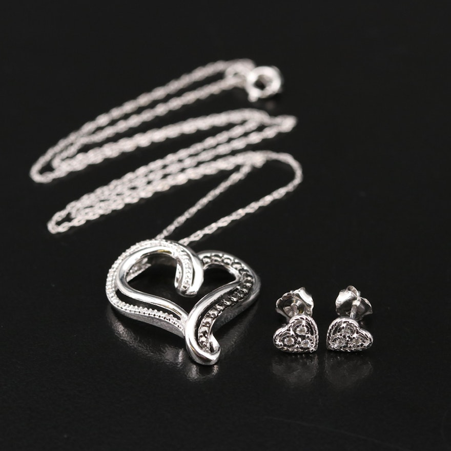 Sterling Diamond Heart Stud Earrings and Pendant Necklace