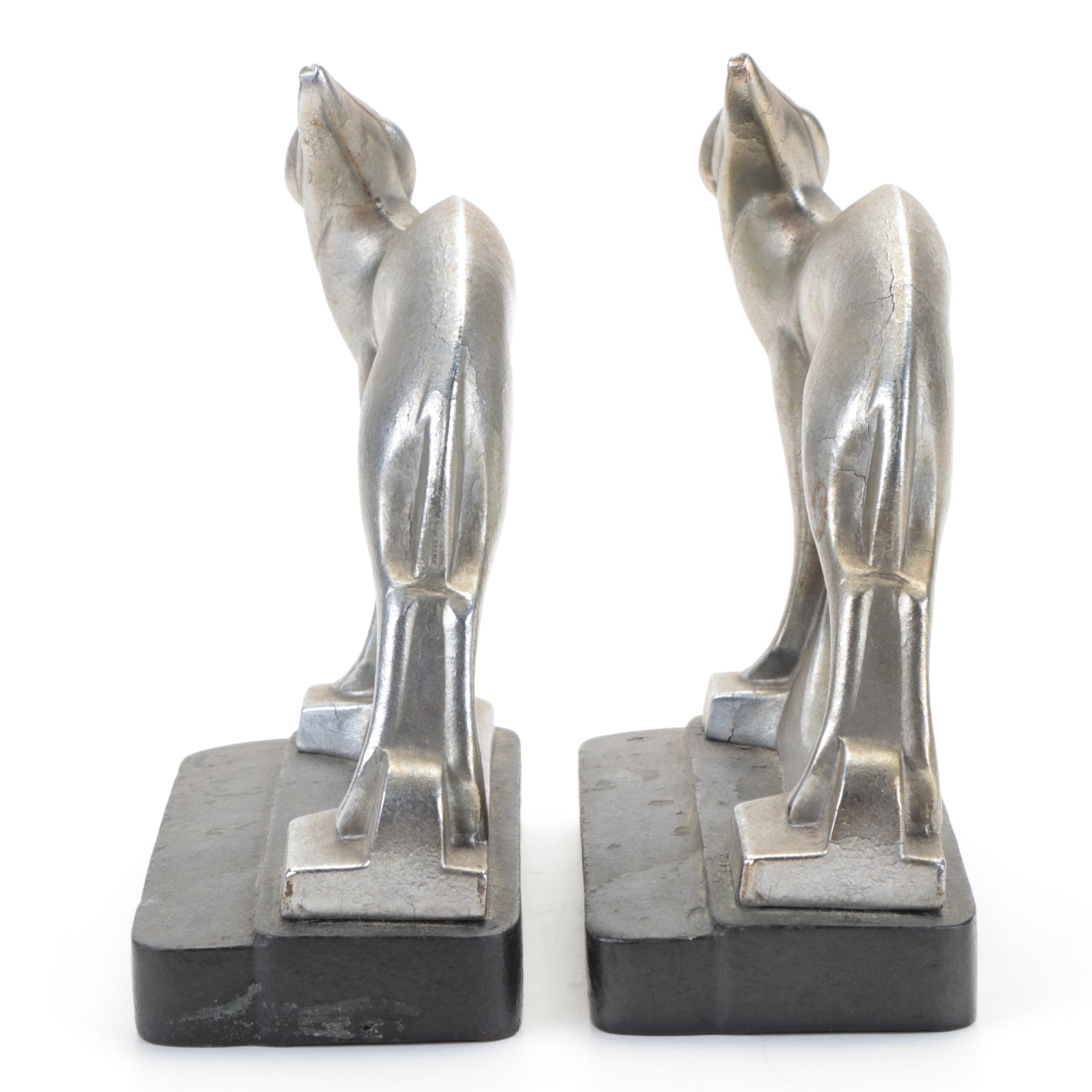 Frankart Art Deco Silver-Tone Metal Greyhound Bookends, Early 20th Century