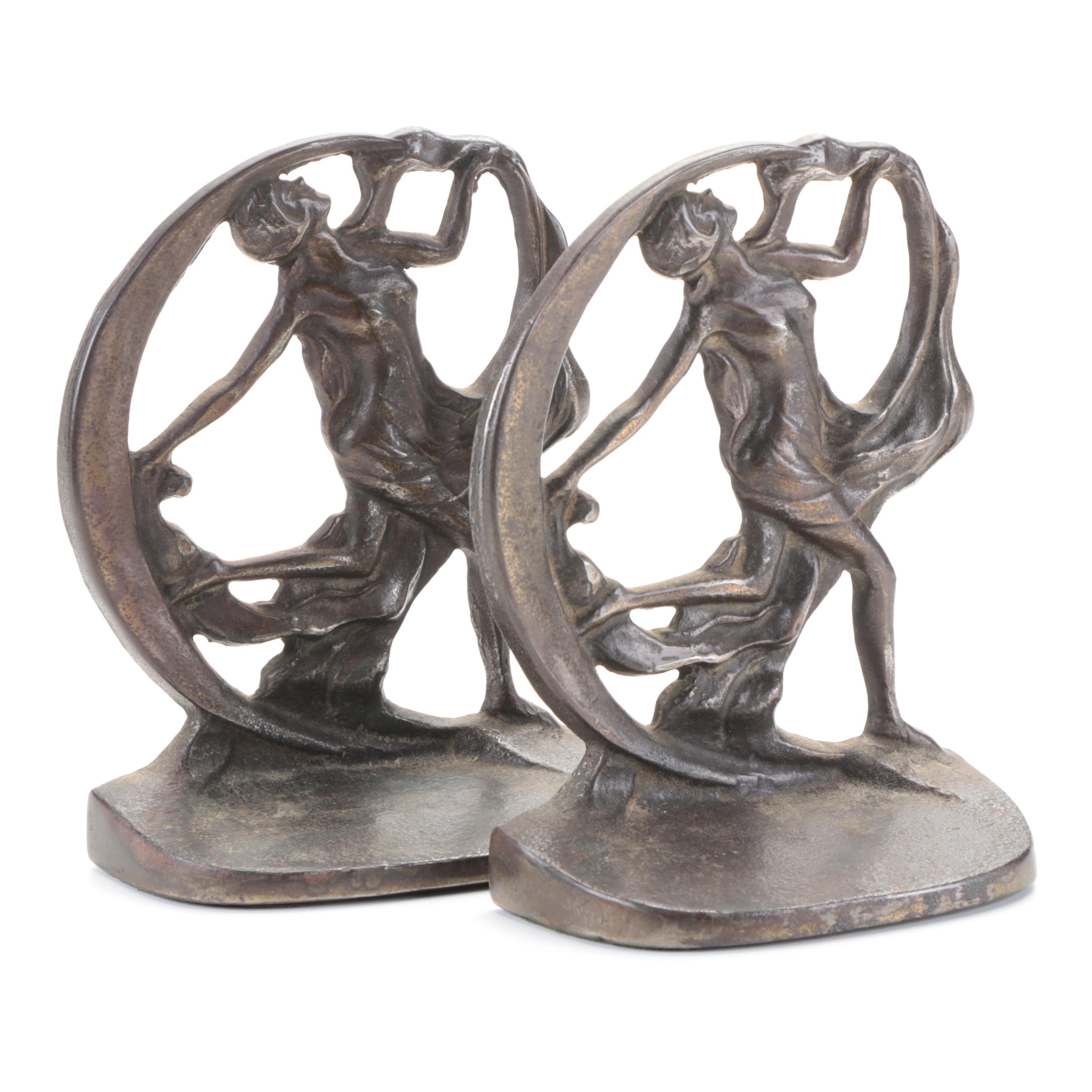 Creation Co. Art Nouveau Dancing Flapper Woman Cast Iron Bookends, c. 1930