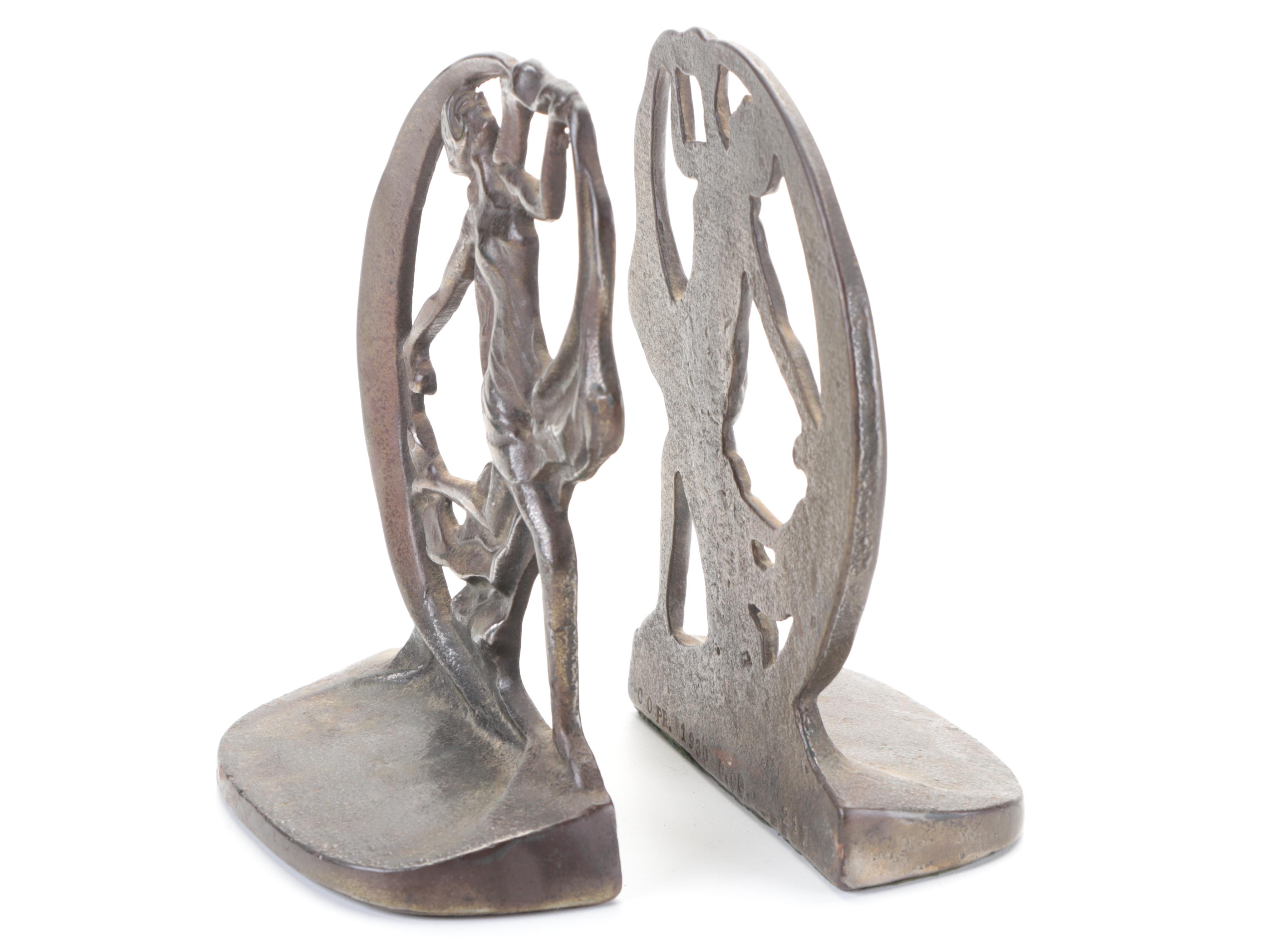 Creation Co. Art Nouveau Dancing Flapper Woman Cast Iron Bookends, c. 1930