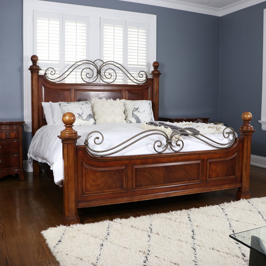Thomasville Wrought Metal and Wood King Size Bed with Flame Mahogany Veneer