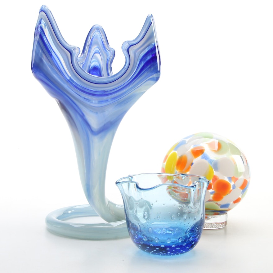 MCM Sooner Art Glass Vase, Glass Paperweight, Controlled Bubble Ruffled Bowl