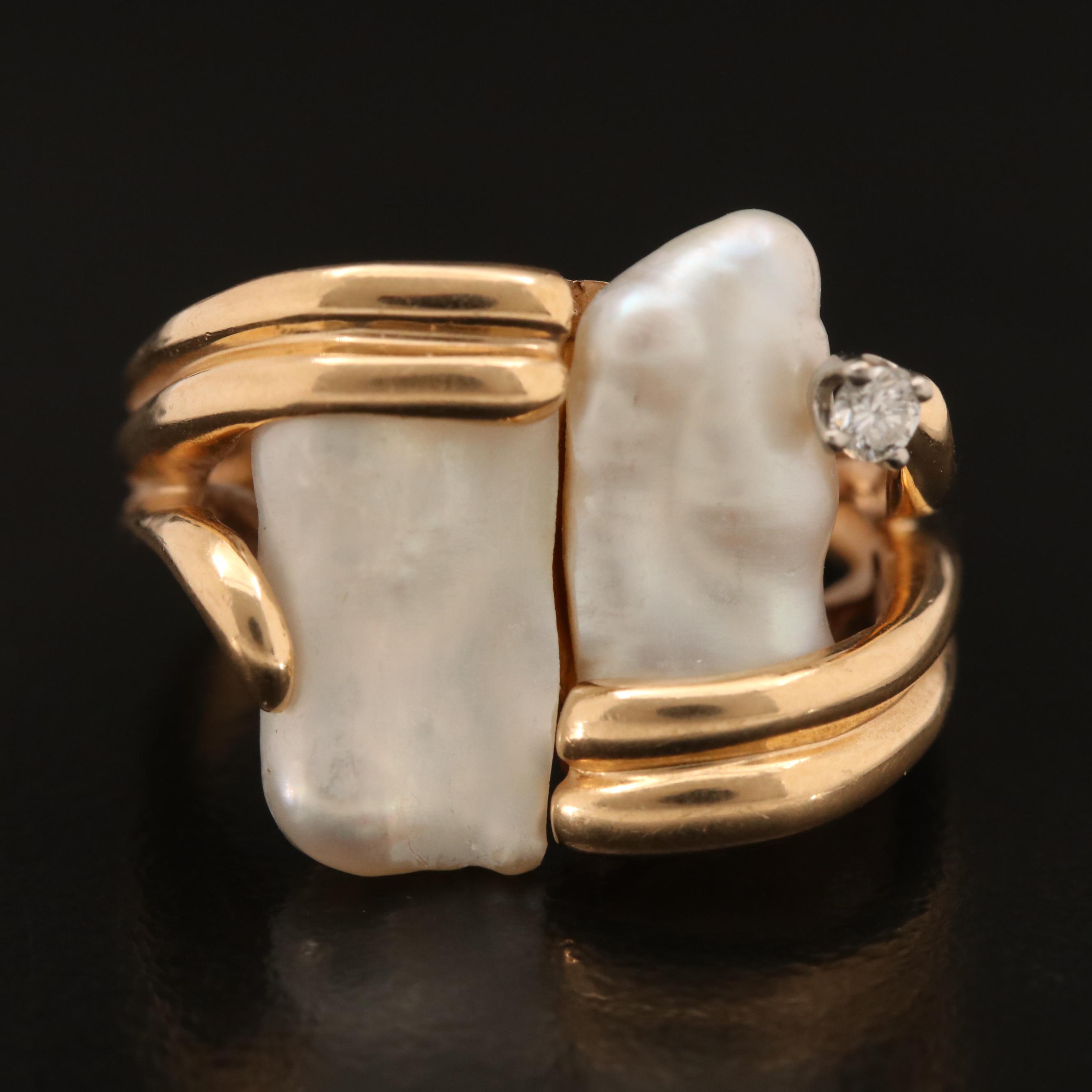 14K Baroque Pearl and Diamond Ring with Palladium Settings